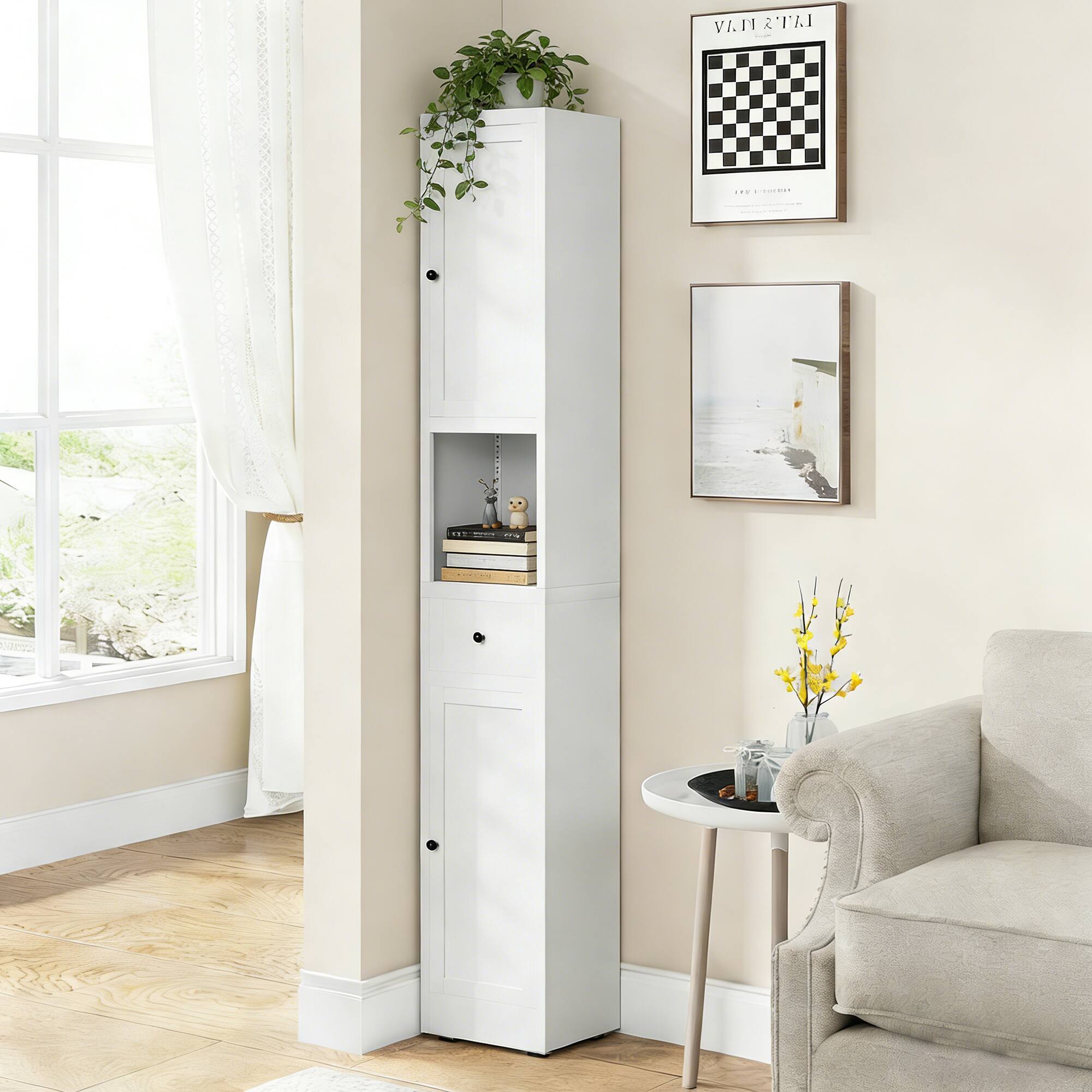 Anysun - 5-Tier Tall Narrow Freestanding Metal Storage Cabinet with Drawer and Adjustable Shelves, Assembly Required - White