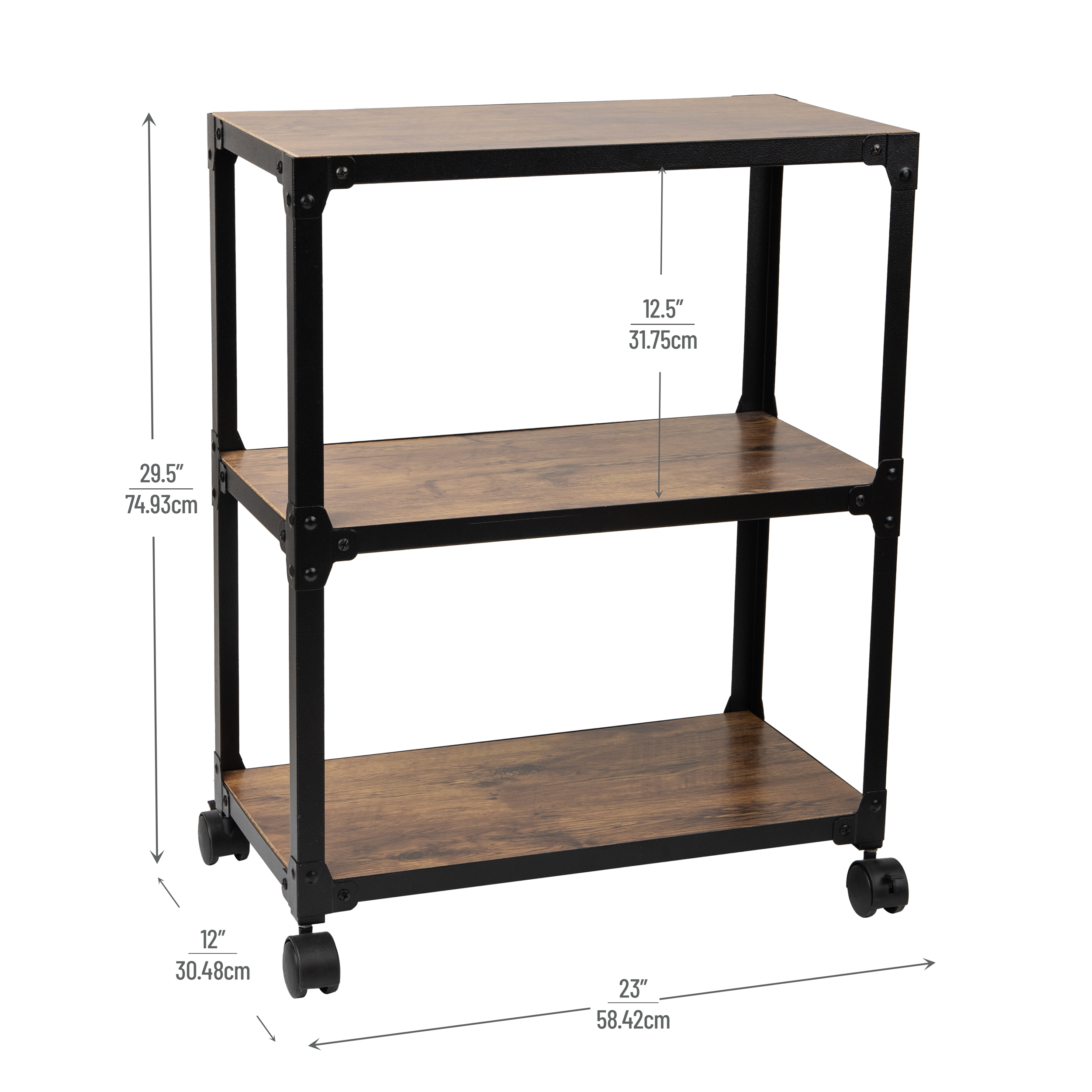 Left View: Mind Reader - Bar Cart, Rolling Cart, Microwave Stand, 3-Tier, Coffee Cart, Kitchen, Wood Metal, 23"L x 12"W x 29.5"H - Black