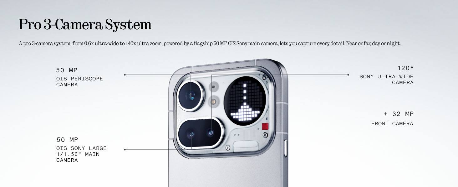 Pro 3-Camera System

A pro 3-camera system, from 0.6x ultra-wide to 140x ultra zoom, powered by a flagship 50 MP OIS Sony main camera, lets you capture every detail. Near or far, day or night.

- 50 MP OIS PERISCOPE CAMERA
- 50 MP OIS SONY LARGE 1/1.56" MAIN CAMERA
- 120° SONY ULTRA-WIDE CAMERA
- + 32 MP FRONT CAMERA