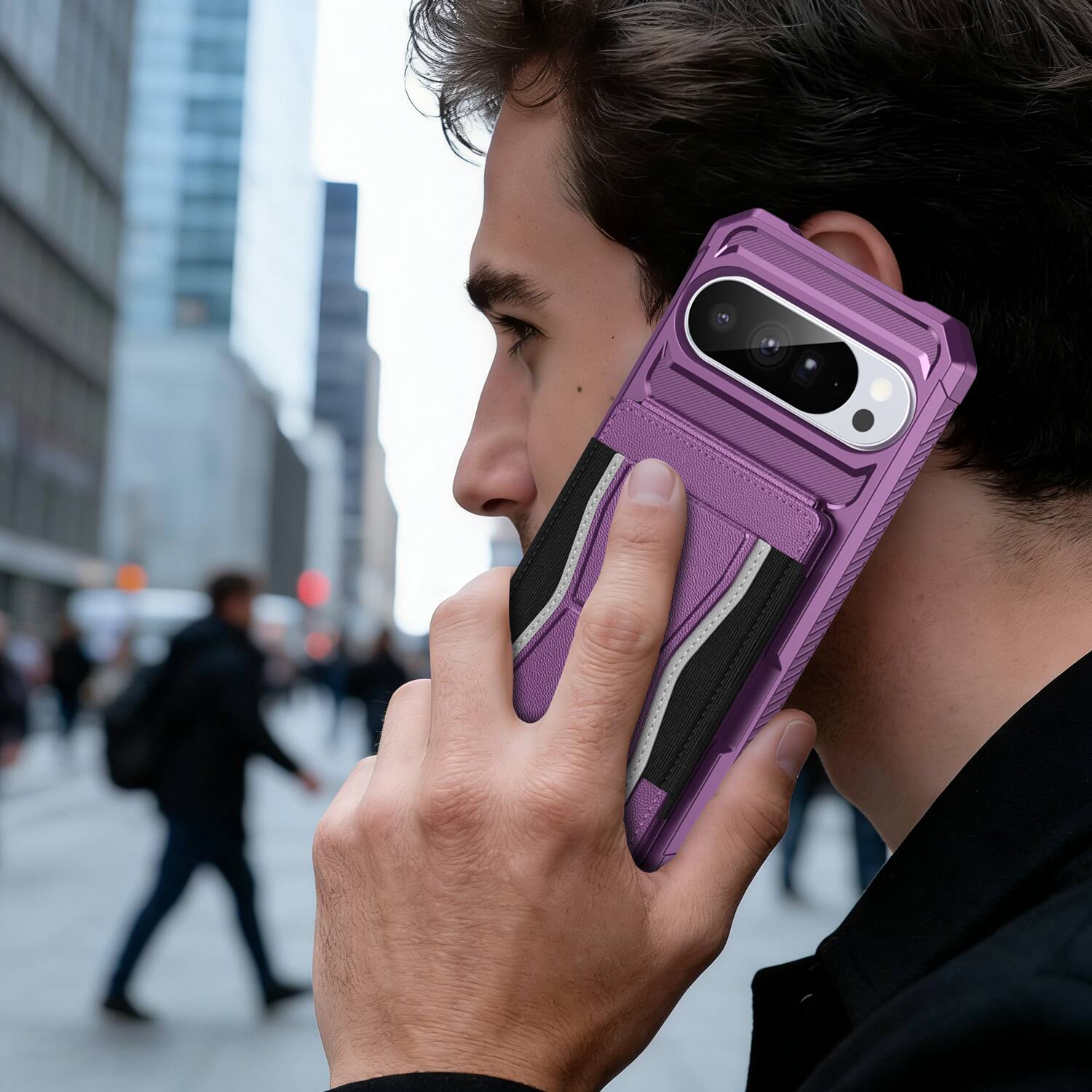 Alt View 3. Dteck - Rugged Wallet Case for Google Pixel 10 Pro XL, Shockproof Protective Cover with Elastic Card Holder and Kickstand - Purple.