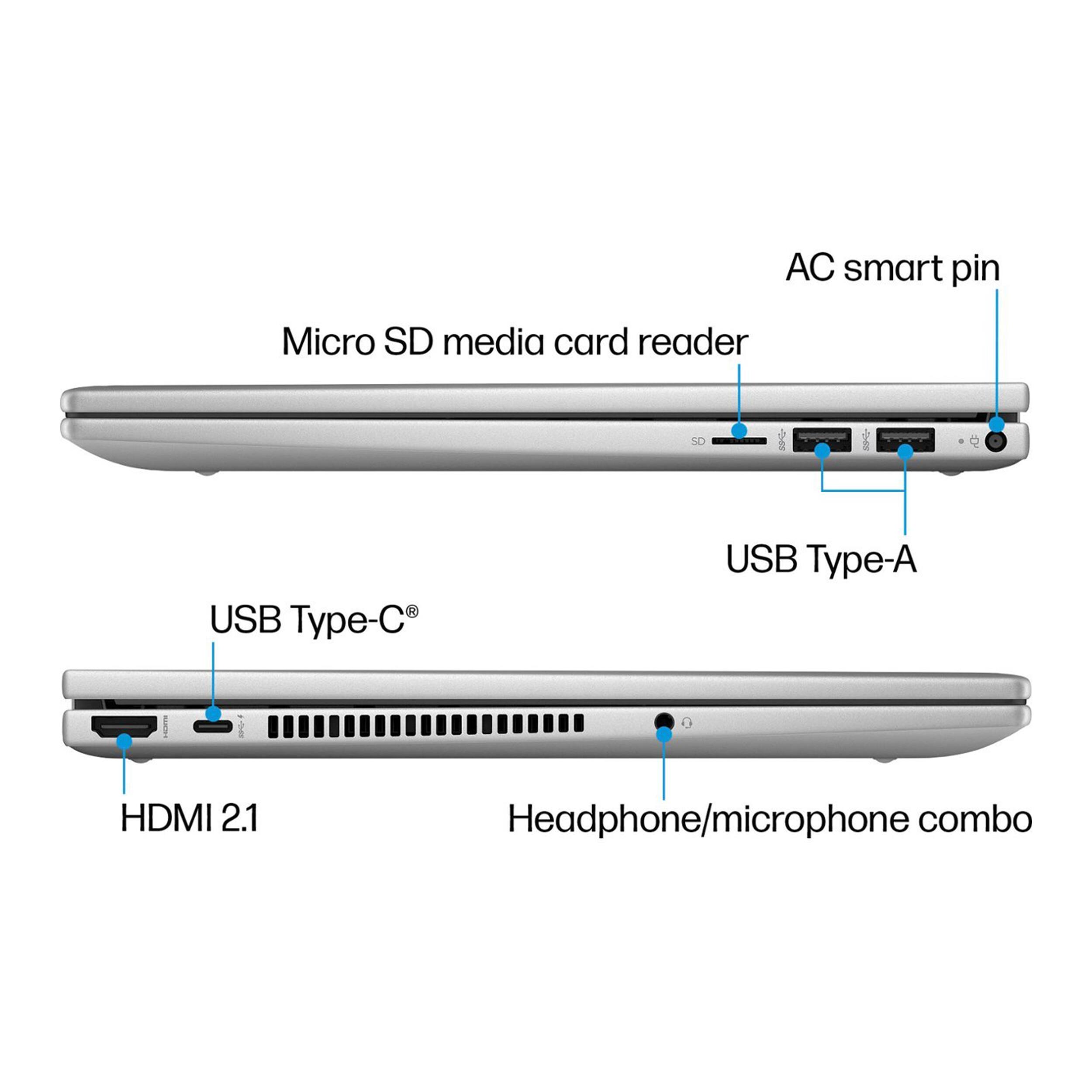 AC smart pin  
Micro SD media card reader  
USB Type-A  
USB Type-C  
HDMI 2.1  
Headphone/microphone combo