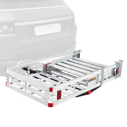 Front. VEVOR - Hitch Mount Cargo Carrier, 45.3" x 25.6" Aluminum Hitch Cargo Rack with Folding Ramp, 500LBS Mobility Scooter Carrier - Silver.
