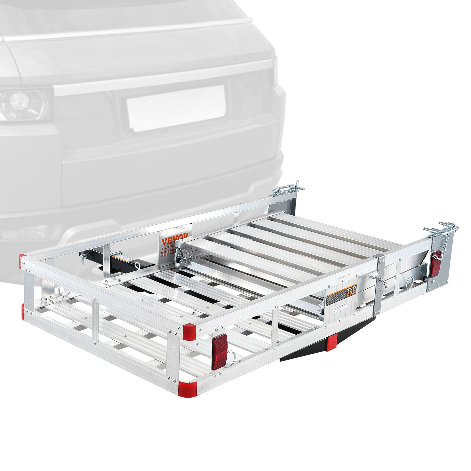 Front. VEVOR - Hitch Mount Cargo Carrier, 45.3" x 25.6" Aluminum Hitch Cargo Rack with Folding Ramp, 500LBS Mobility Scooter Carrier - Silver.