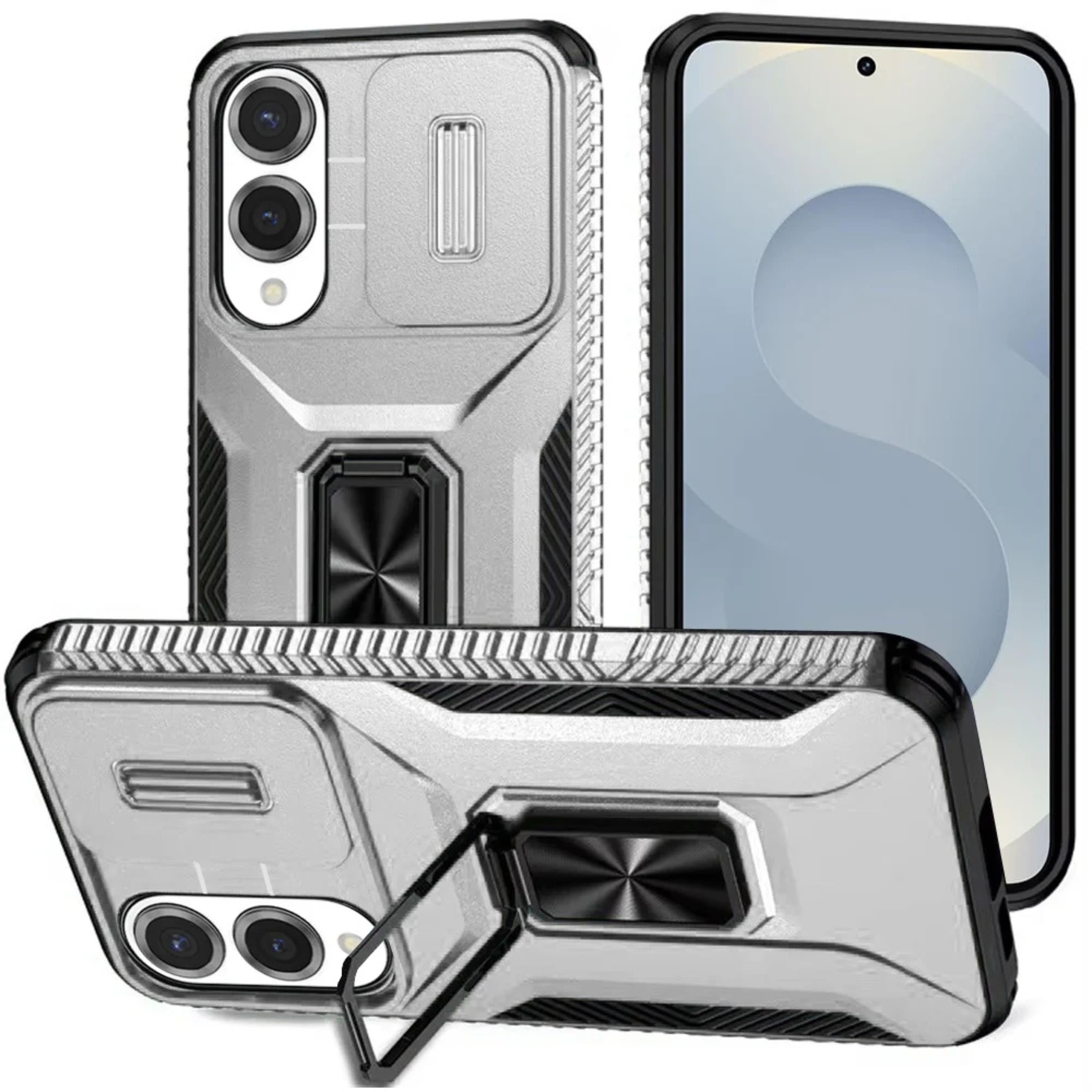 Kitcheniva - Full Protection Magnetic Stand Sliding Lens Case With Tempered Glass For Samsung S25 Edge - Silver price history on PriceWatchPro