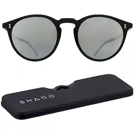ThinOptics - Los Altos Round Sunglasses with Case - Shiny Black/Silver Flash Mirror
