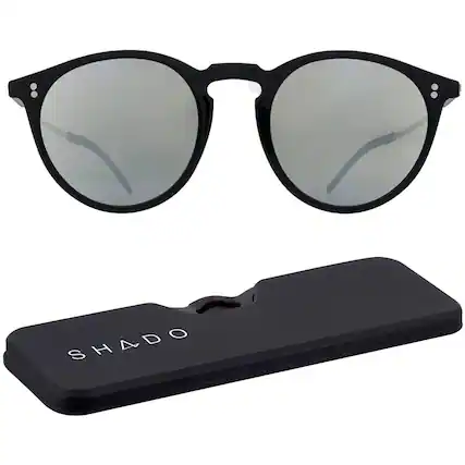 Front. ThinOptics - ThinOptics Los Altos Round Sunglasses with Case- Shiny Black/Silver Flash Mirror - Shiny Black/Silver Flash Mirror.