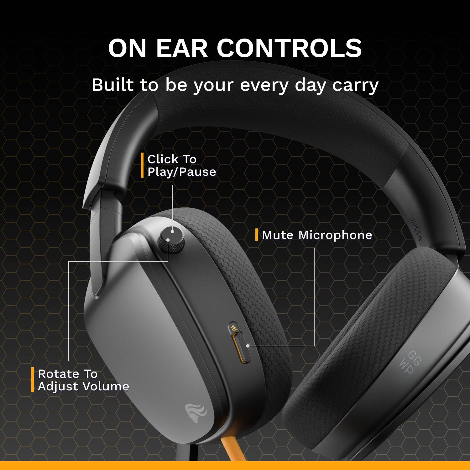 ON EAR CONTROLS  
Built to be your every day carry  

- Click To Play/Pause  
- Mute Microphone  
- Rotate To Adjust Volume