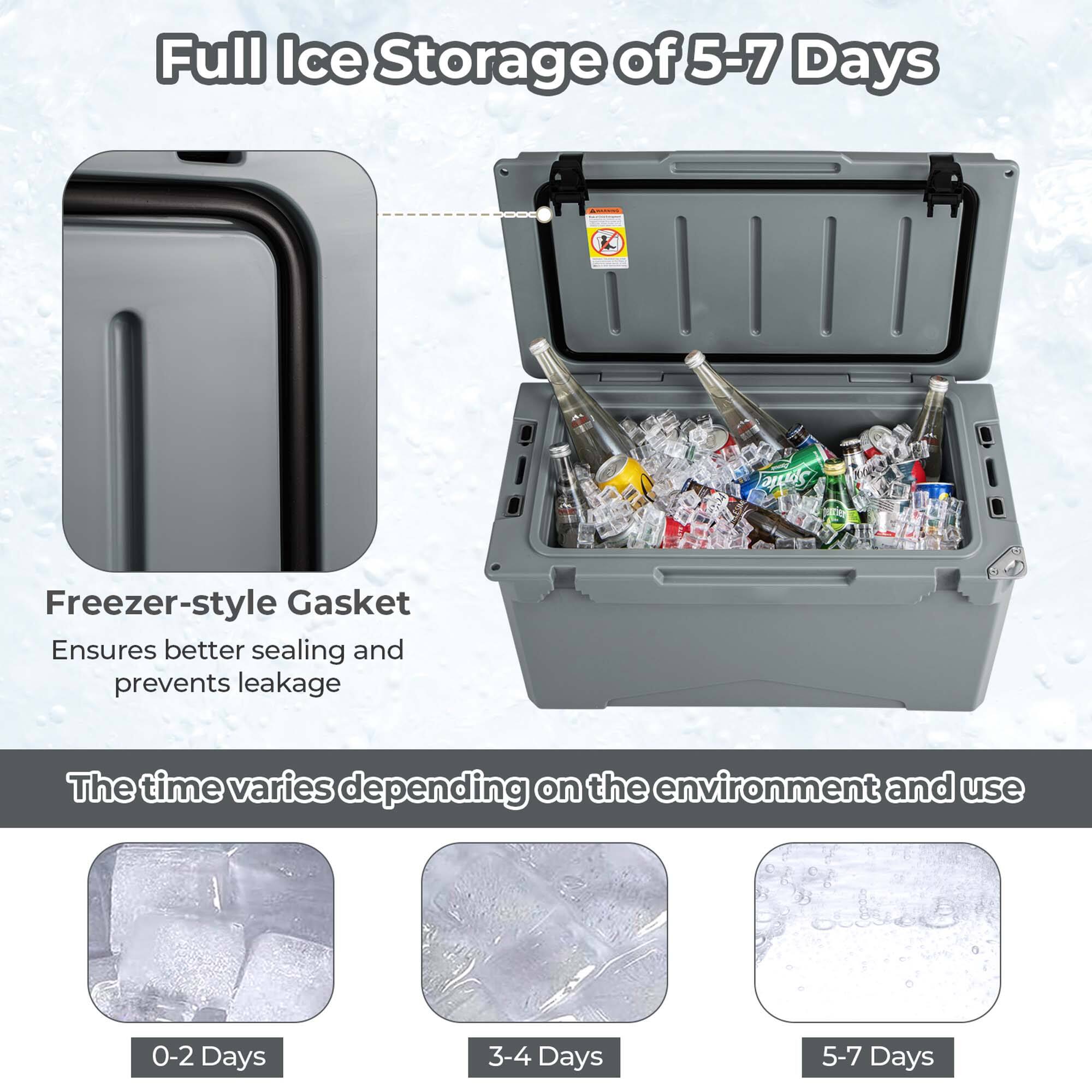 Full Ice Storage of 5-7 Days

Freezer-style Gasket
Ensures better sealing and prevents leakage

The time varies depending on the environment and use

0-2 Days
3-4 Days
5-7 Days