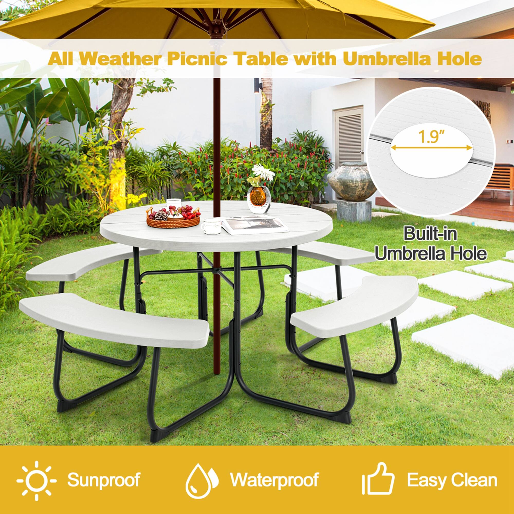 All Weather Picnic Table with Umbrella Hole, 1.9" Built-in Umbrella Hole, Sunproof, Waterproof, Easy Clean
