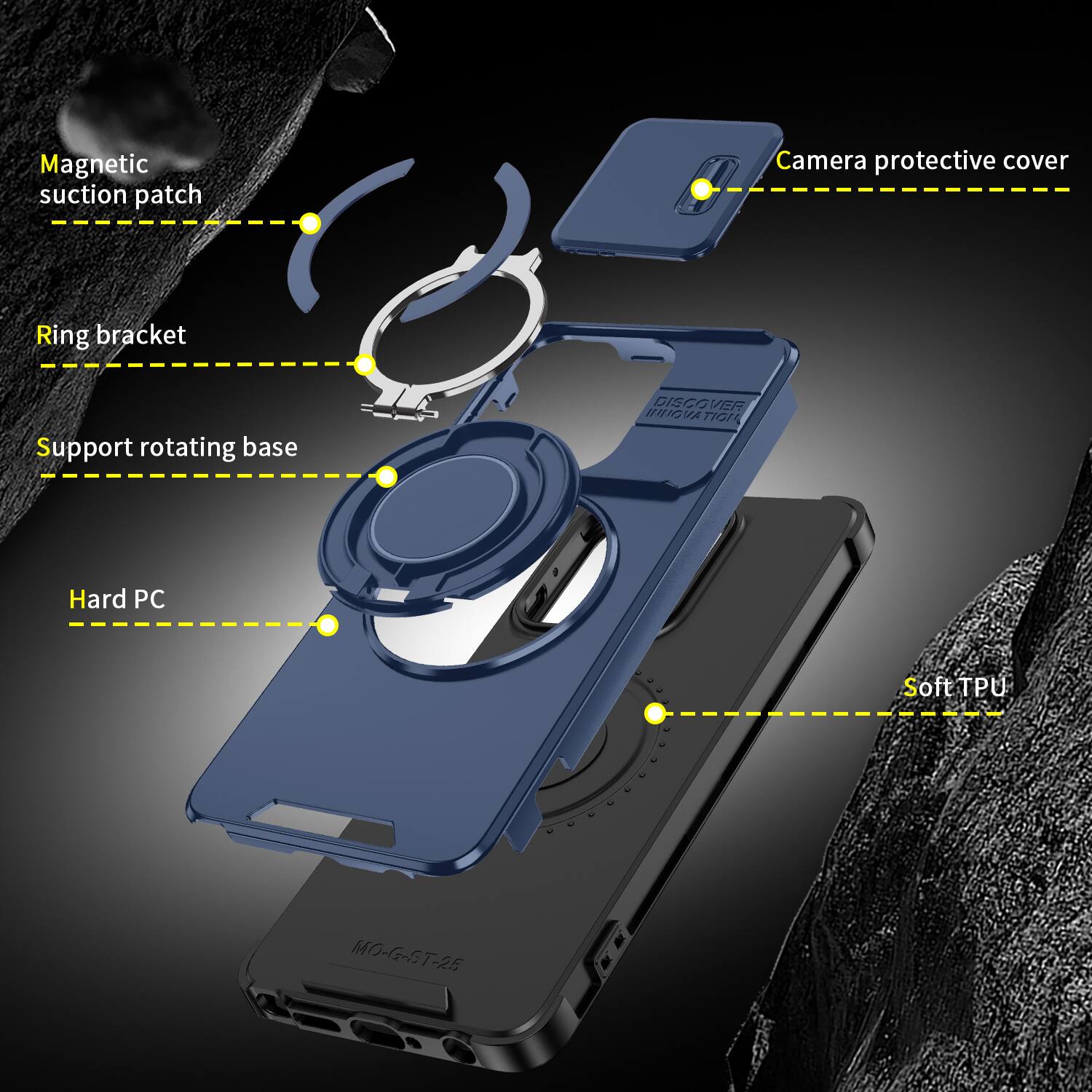 Magnetic suction patch  
Camera protective cover  
Ring bracket  
Support rotating base  
INNOVA DISCOVER INNOVATION  
Hard PC  
Soft TPU  
MO-G-ST-25