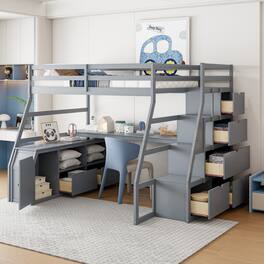 Tiramisubest - Full Size Gray Loft Bed with 7 Drawers, 2 Shelves & Desk - Plywood, Sturdy & Uniquely Designed - Gray