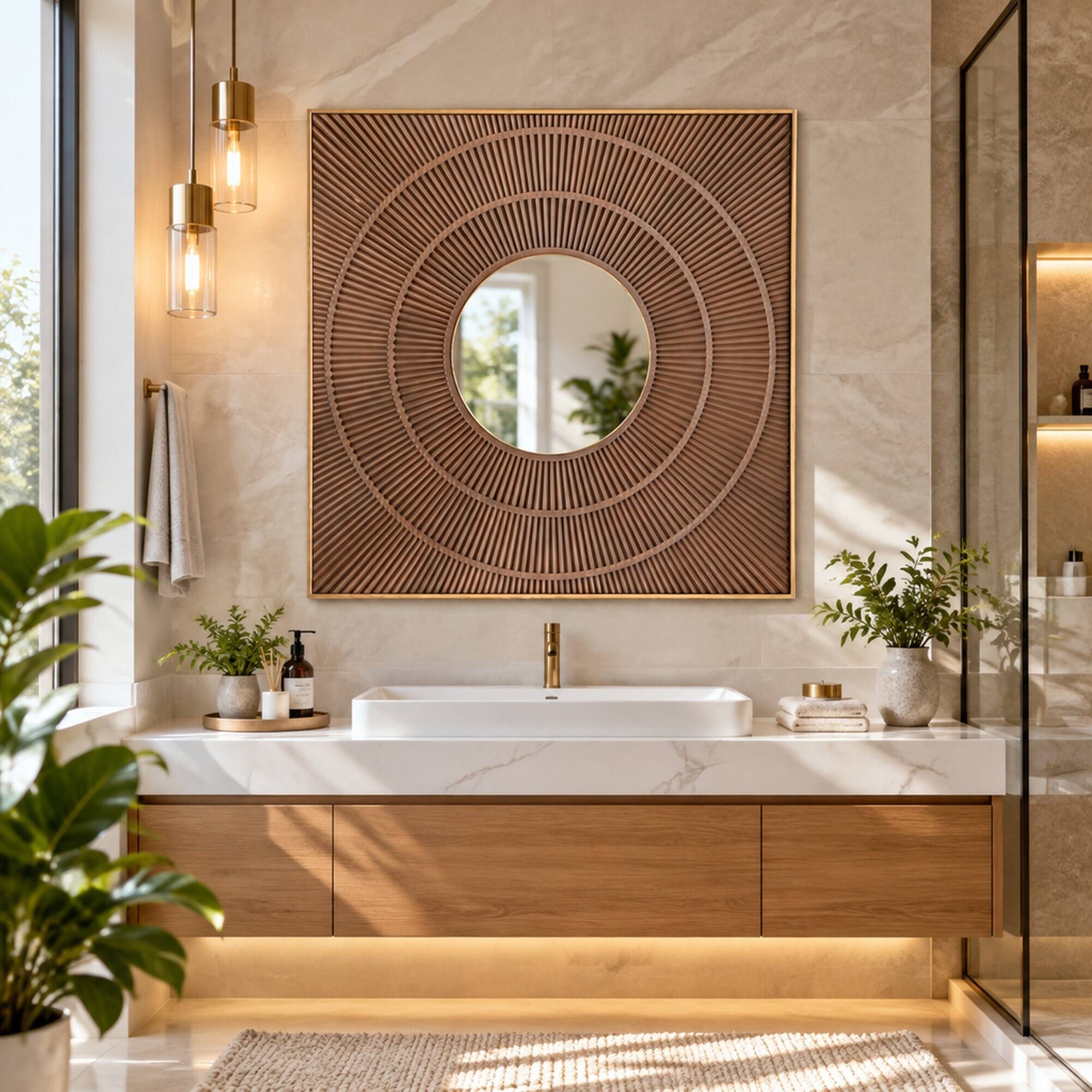 RYHNUYNE 40 in Square Carved Wall Mirror, Gold Iron Frame, Pleated Ring ...