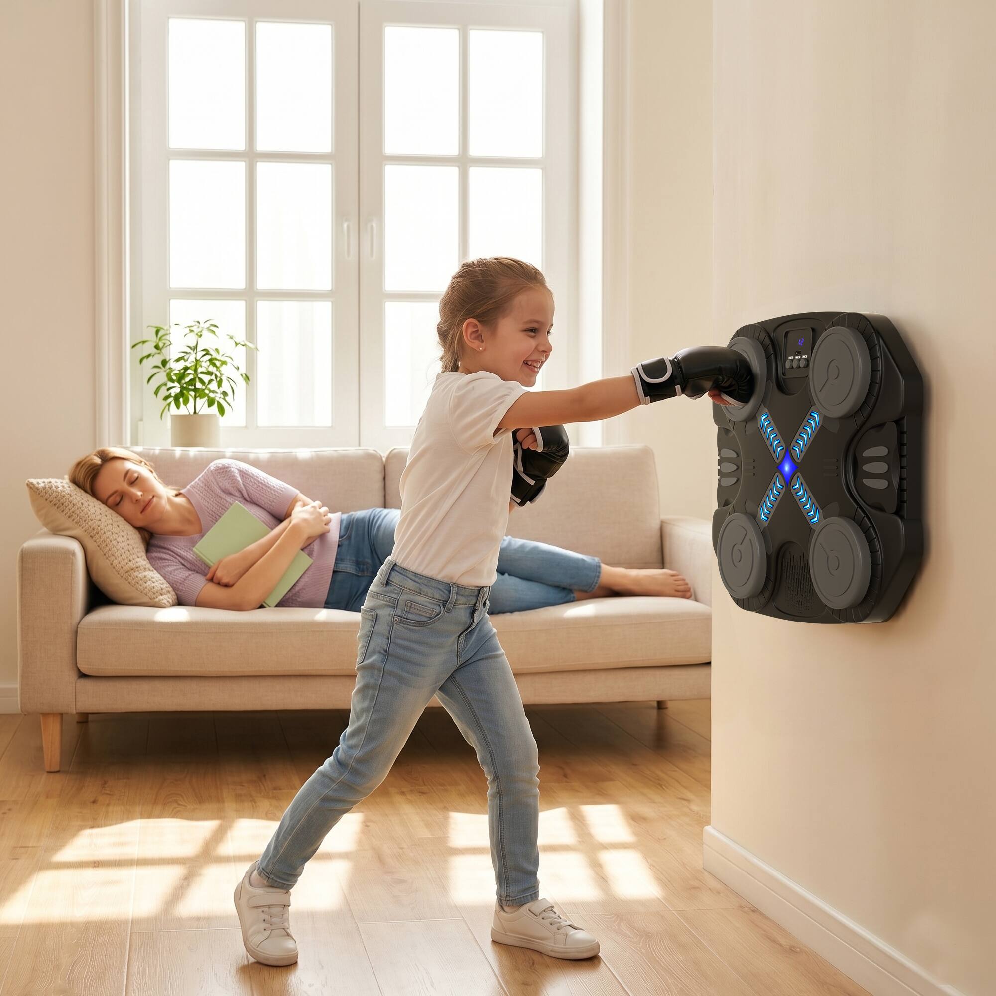 Alt View 9. Topteng - Bluetooth Music Boxing Machine for Kids - LED Rhythm Lights, 5 Speed Levels, Wall Mounted Punching Target - Black.