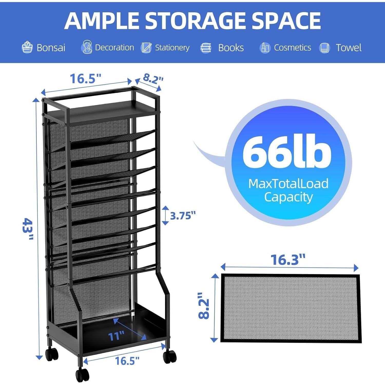 **AMPLE STORAGE SPACE**

- Bonsai
- Decoration
- Stationery
- Books
- Cosmetics
- Towel

**Dimensions:**
- Height: 43"
- Width: 16.5"
- Depth: 11"
- Shelf Depth: 8.2"
- Shelf Height: 3.75"
- Drawer Width: 16.3"
- Drawer Depth: 8.2"

**Max Total Load Capacity: 66lb**