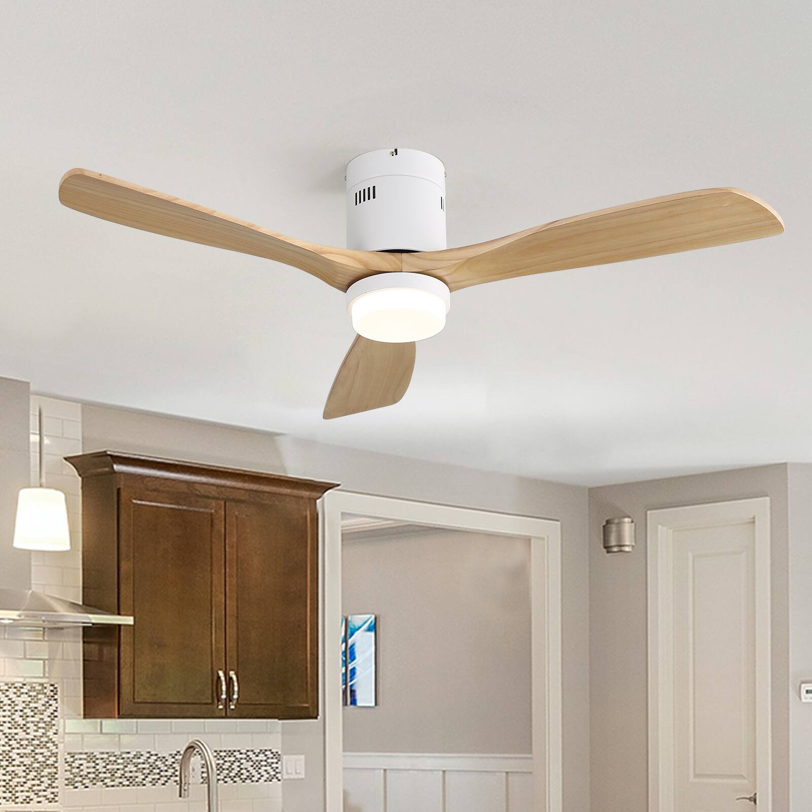 Alt View 4. Sofucor - Smart Wood Flush Mount Ceiling Fan With Remote & APP/Alexa Control Quie DC Motor for Bedroom Farmhouse Indoor Outdoor - White Natural Wood - With Light.