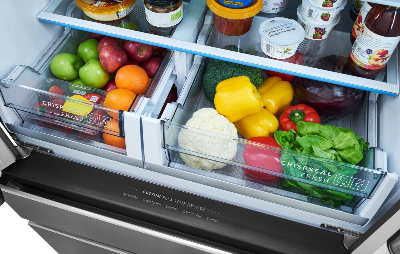 - Simple ingredients, sugar
- CRISPSEAL FRESH
- FREEZER
- CUSTOM-FLEX TEMP DRAWER
- MEAT & FISH
- DRINKS
- FRESH FOOD
- WINES
- CRISPSEAL FRESH