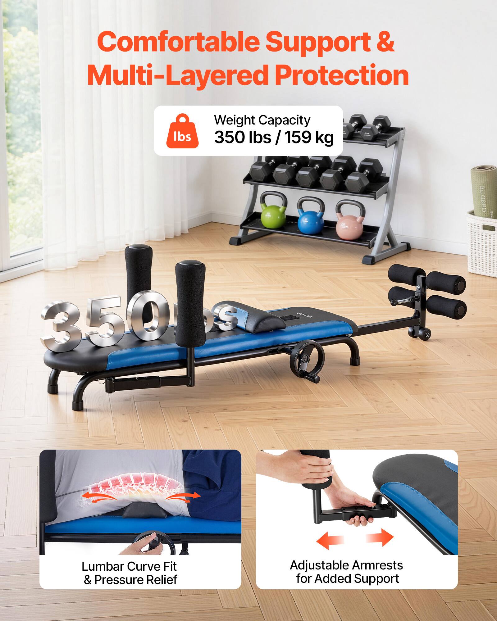 Comfortable Support & Multi-Layered Protection  
Weight Capacity: 350 lbs / 159 kg  
Lumbar Curve Fit & Pressure Relief  
Adjustable Armrests for Added Support