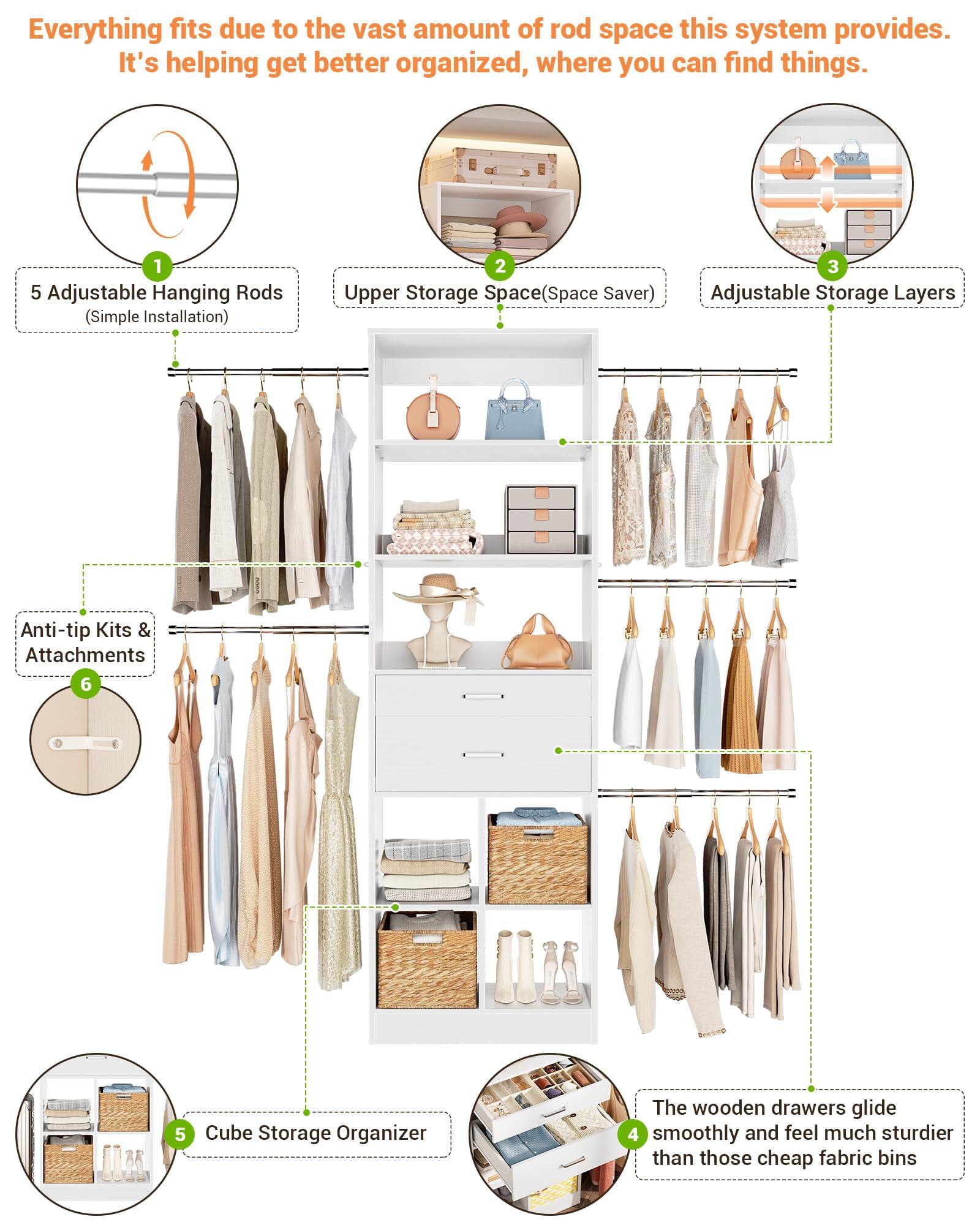 Everything fits due to the vast amount of rod space this system provides. It's helping get better organized, where you can find things.

1. 5 Adjustable Hanging Rods (Simple Installation)
2. Upper Storage Space (Space Saver)
3. Adjustable Storage Layers
4. Anti-tip Kits & Attachments
5. Cube Storage Organizer
6. The wooden drawers glide smoothly and feel much sturdier than those cheap fabric bins