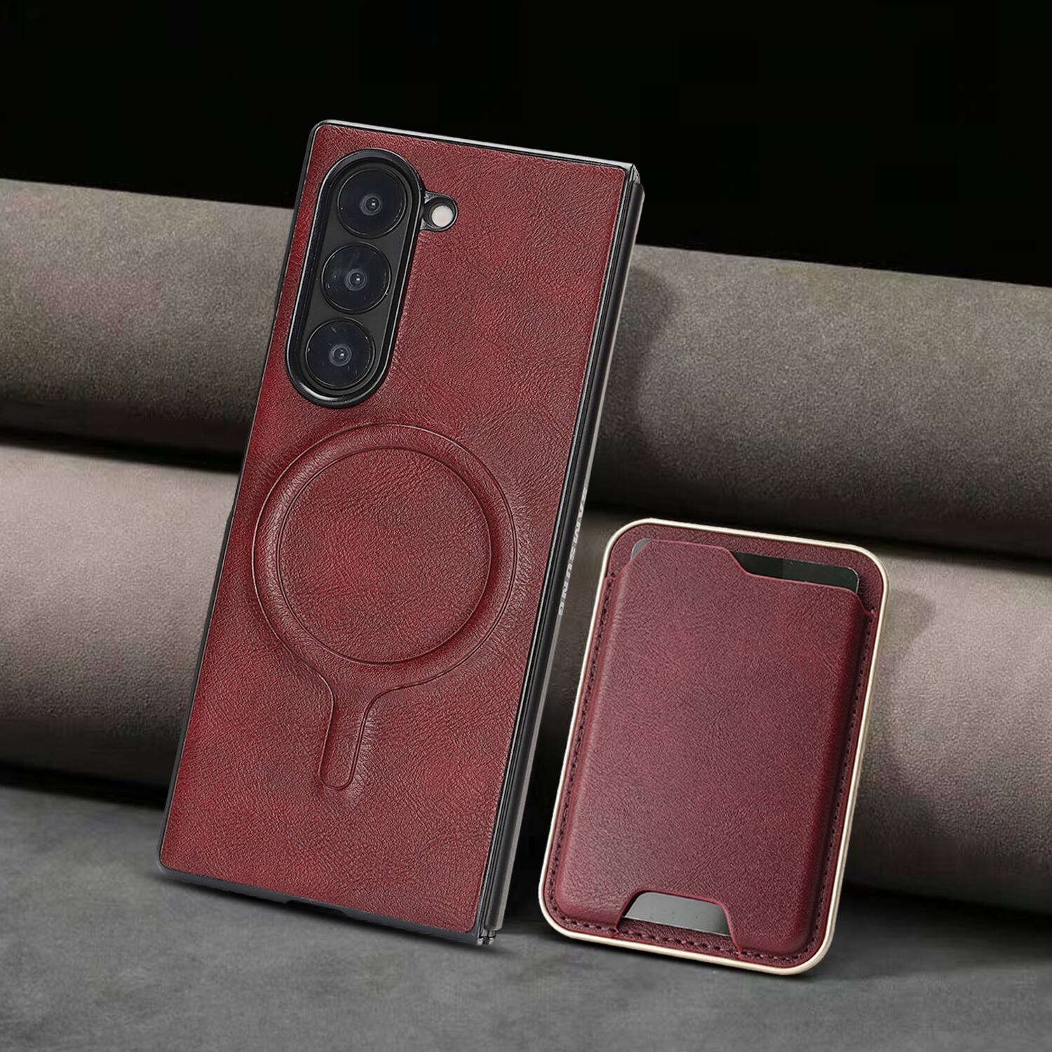 Alt View 1. Dteck - 2-in-1 Magnetic Detachable Wallet Case for Samsung Galaxy Z Fold7, Shockproof PU Leather Phone Cover with Card Holder - Winered.