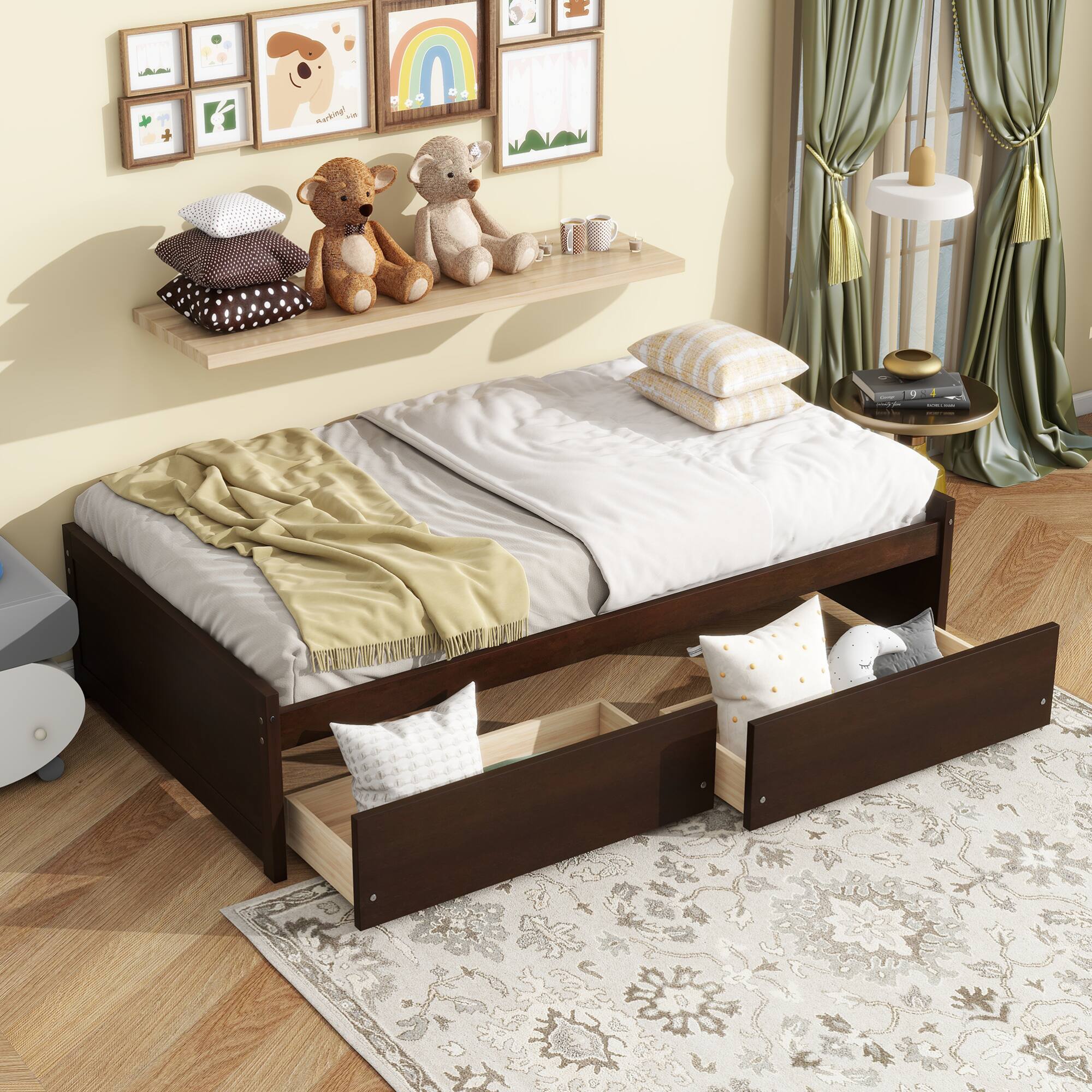 Angle. GOODSILO - Twin Size Platform Bed with Two Underbed Storage Drawers for Space-Saving Bedroom Organization - Espresso.