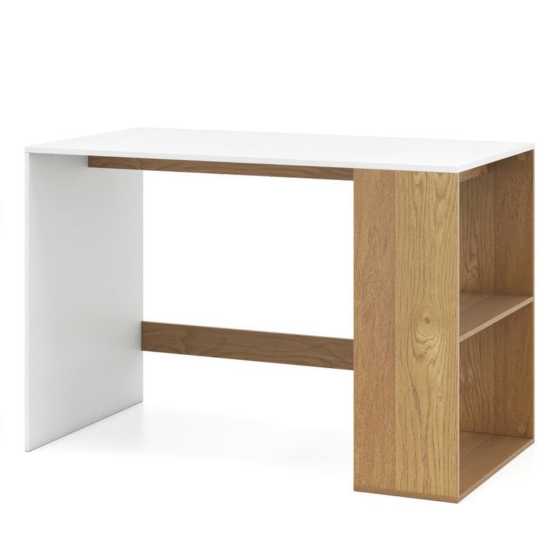 Alt View 4. WELLFOR - 44" Computer Desk with Bookshelf, Modern Home Office Desk for Small Space - White and Natural.