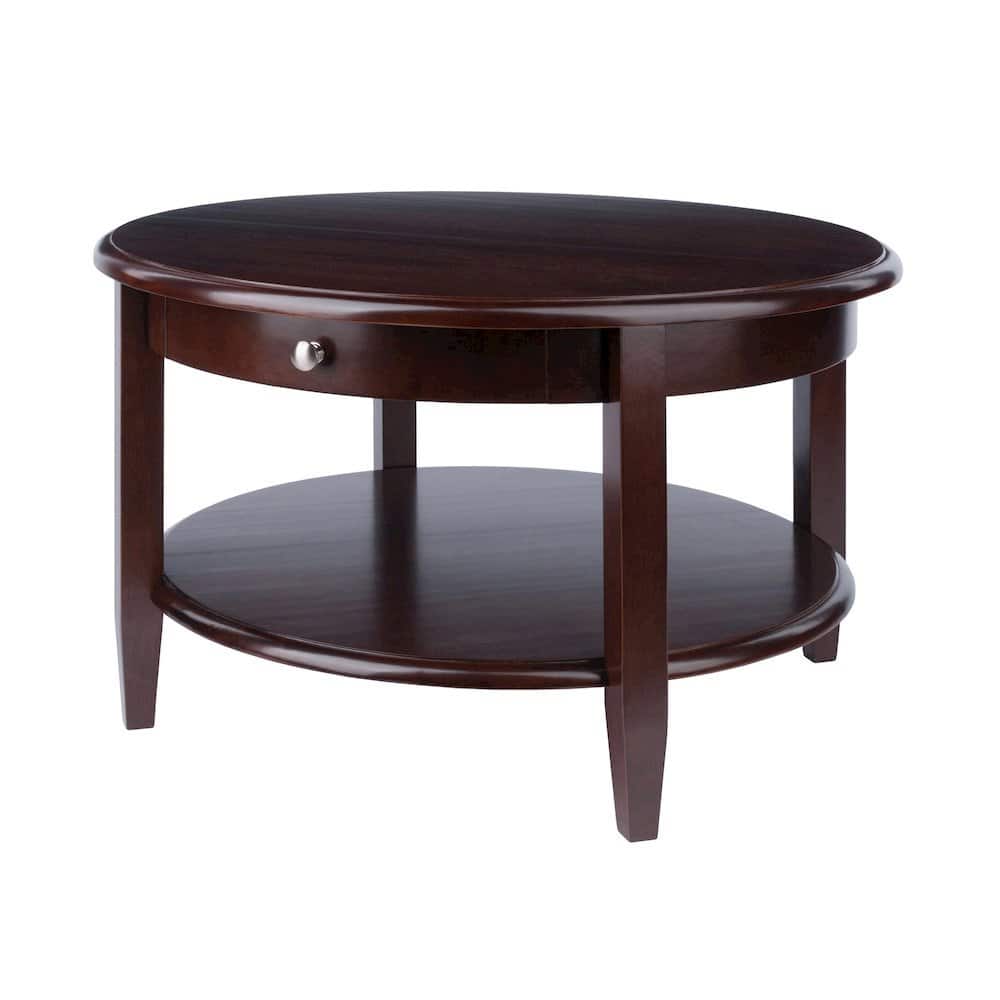 FurniFact - Round Coffee Table with Drawer & Shelf - Walnut