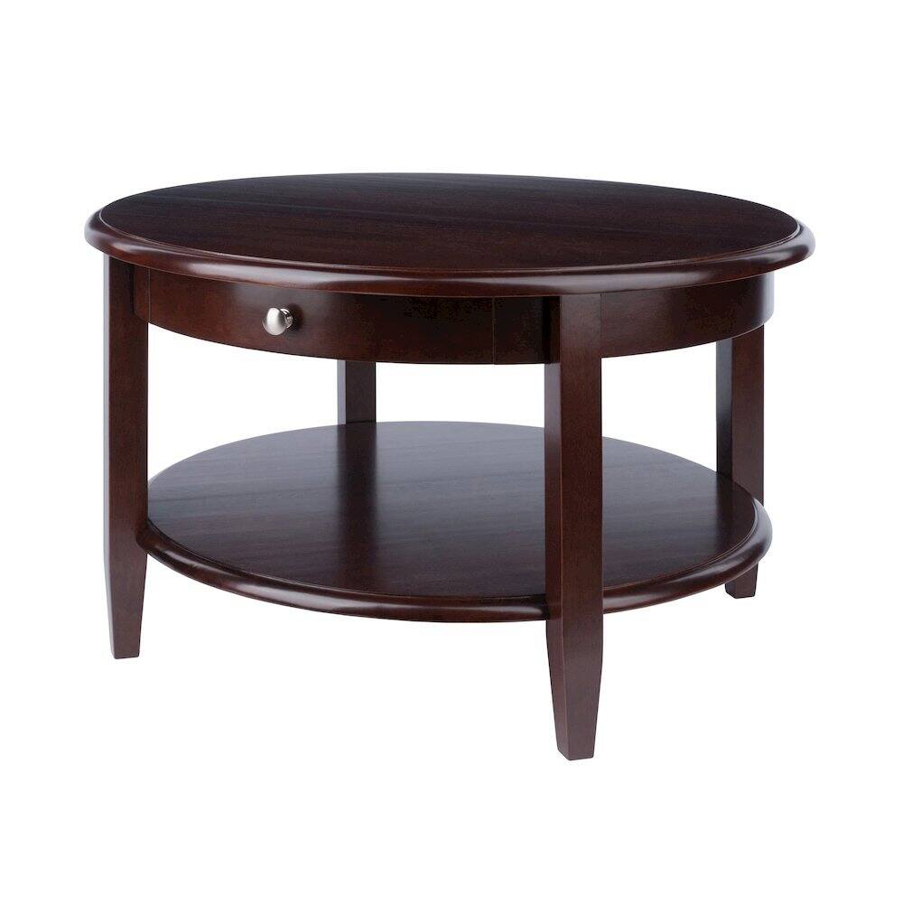Front. FurniFact - Round Coffee Table with Drawer & Shelf - Walnut.