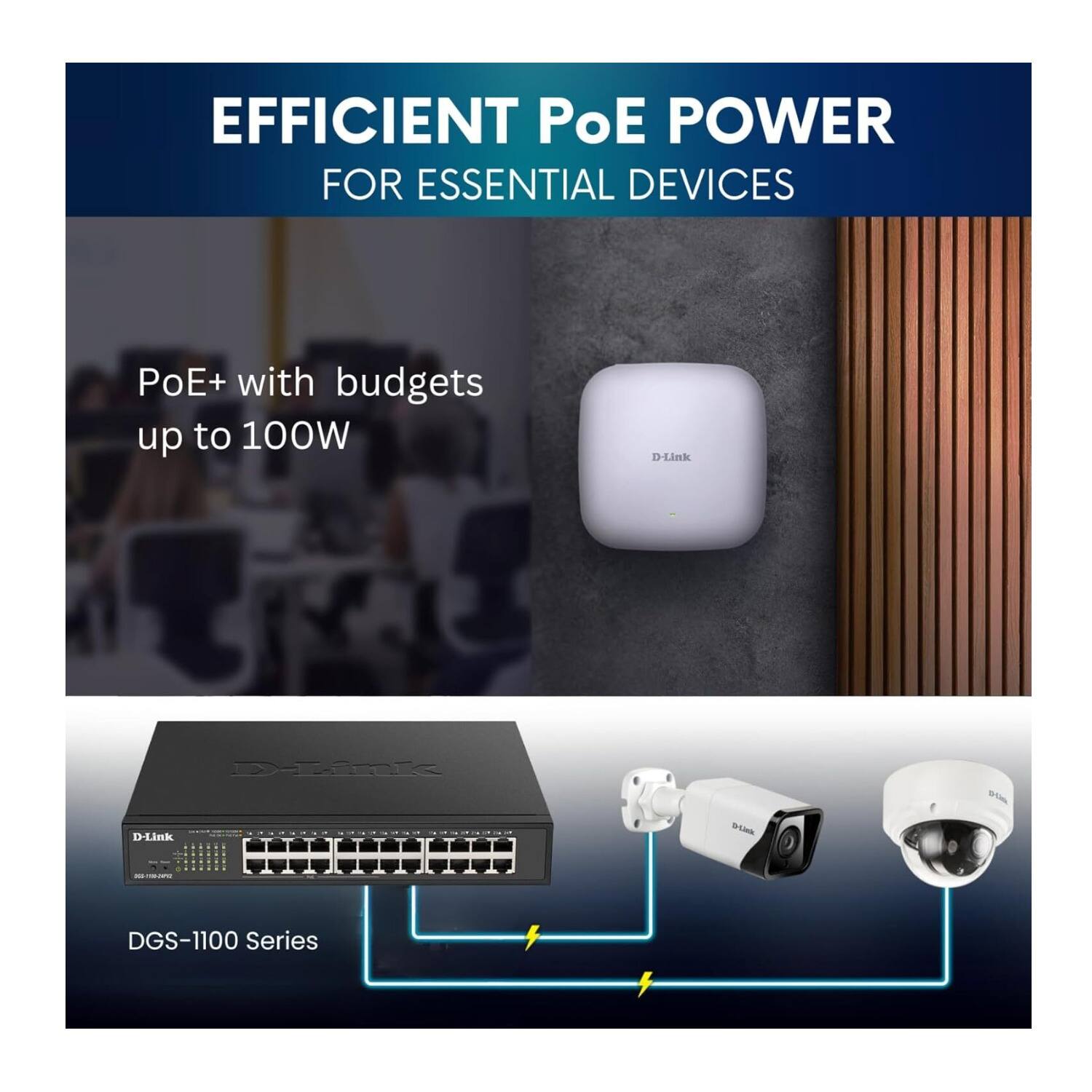 EFFICIENT PoE POWER FOR ESSENTIAL DEVICES

PoE+ with budgets up to 100W

D-Link DGS-1100 Series