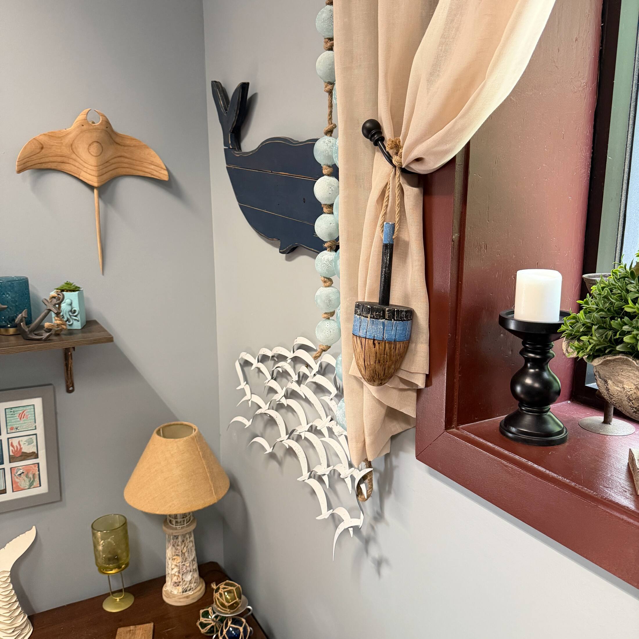 Alt View 7. Things2Die4 - Decorative Wood Buoy Blue Stripe Rope Hanger 15 Inch Nautical Wall Accent - Blue.