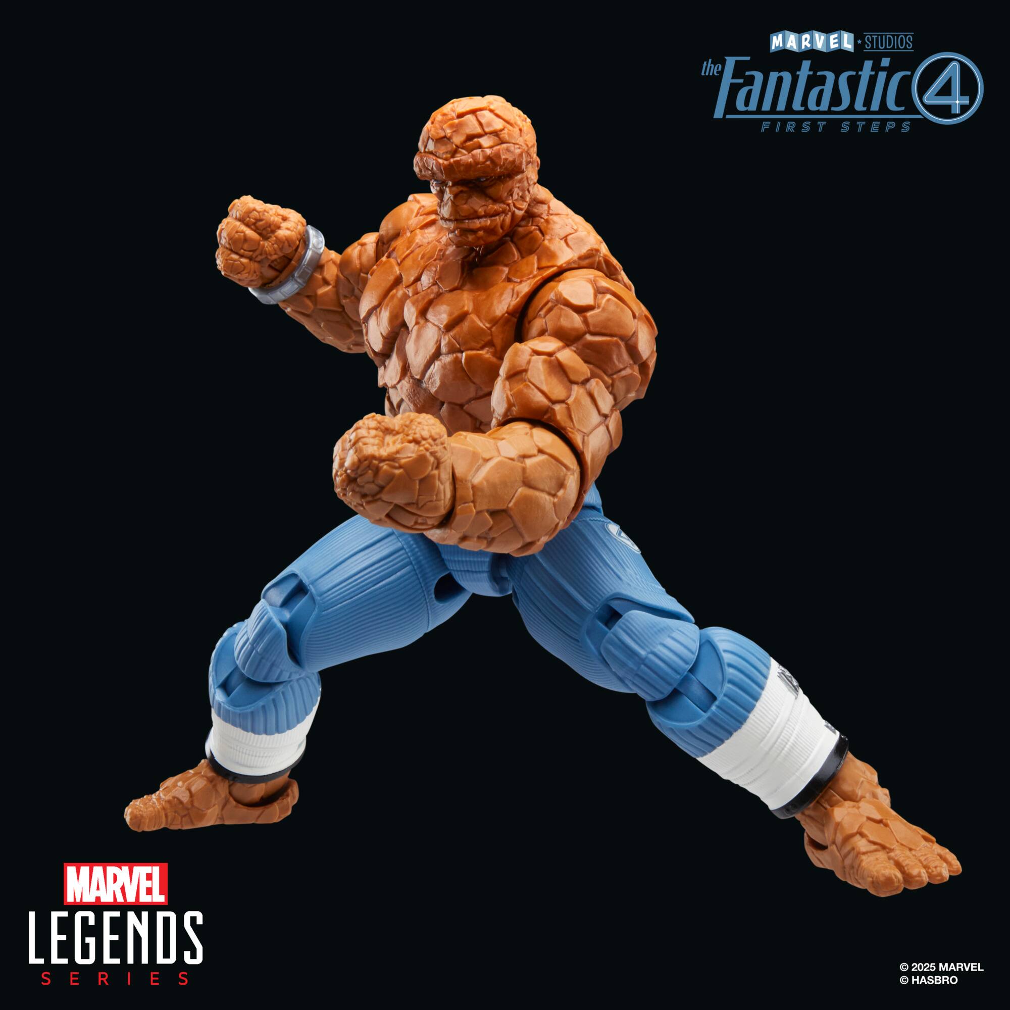 The image features a figure of the Fantastic Four's Thing, a member of the Marvel Comics superhero team. The figure is part of the Marvel Legends series and is displayed on a black background.