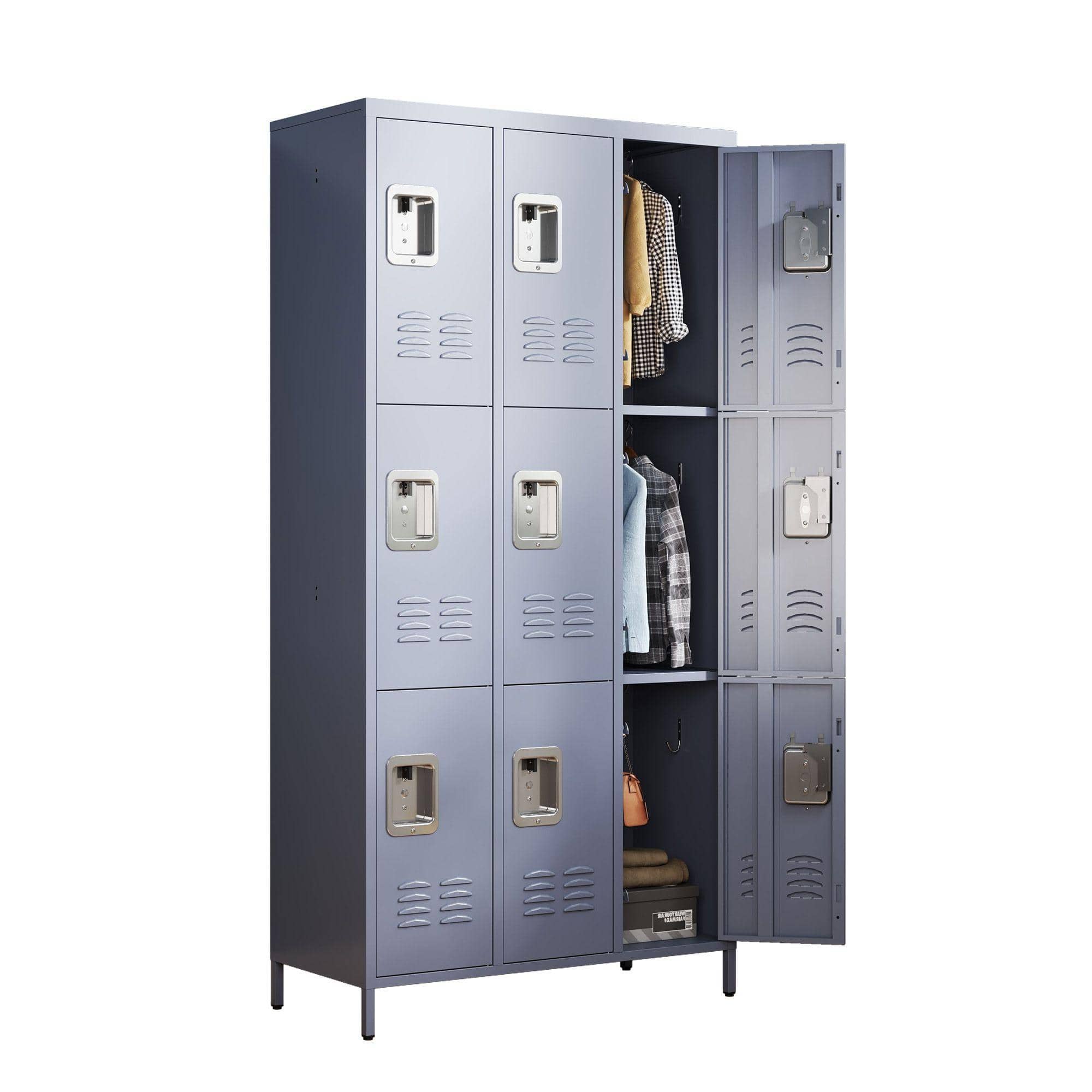 Front. Mirfee - 9-Door Metal Locker with Lock, 72"H Storage Cabinet for School Gym - Gray.
