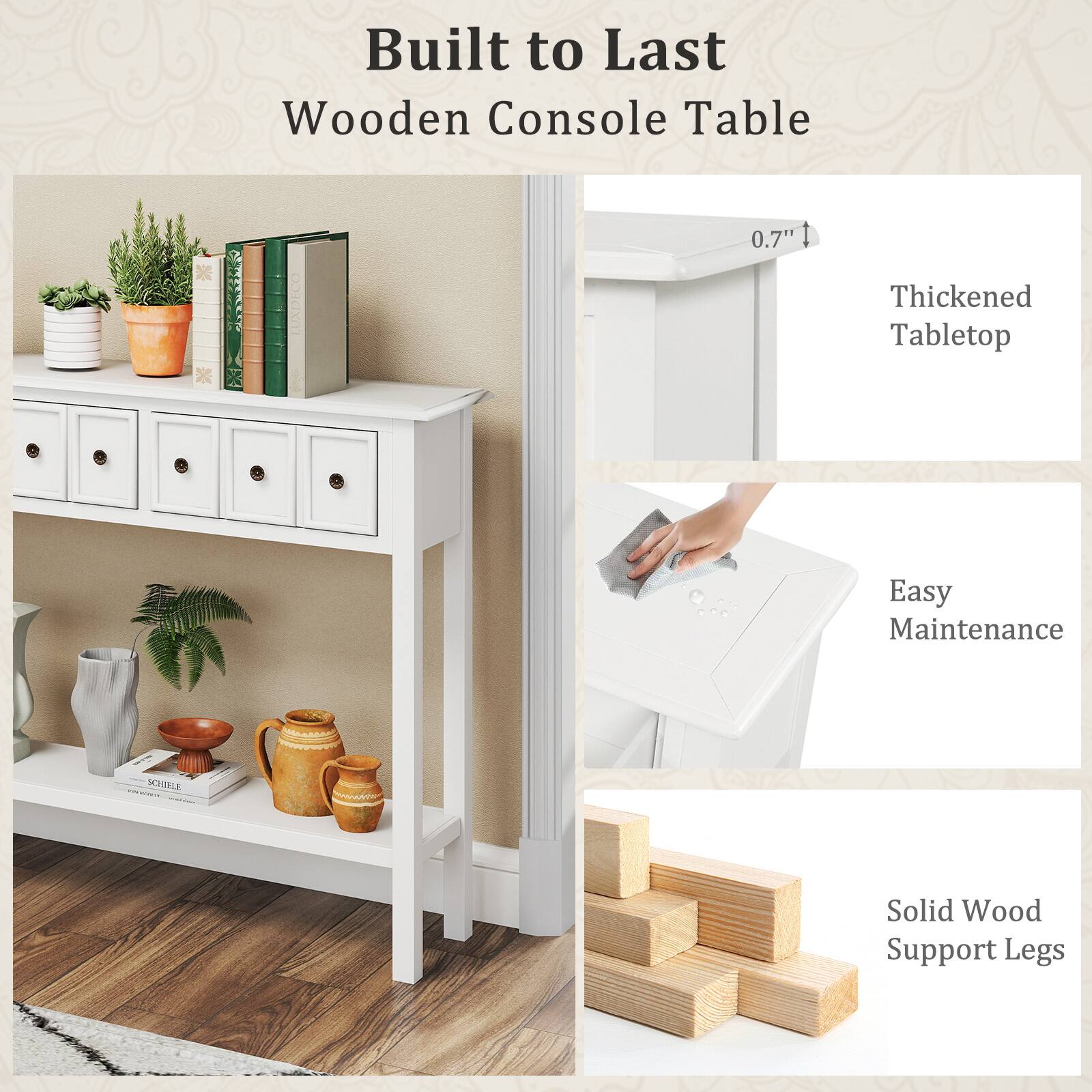 Built to Last Wooden Console Table

- Thickened Tabletop (0.7")
- Easy Maintenance
- Solid Wood Support Legs