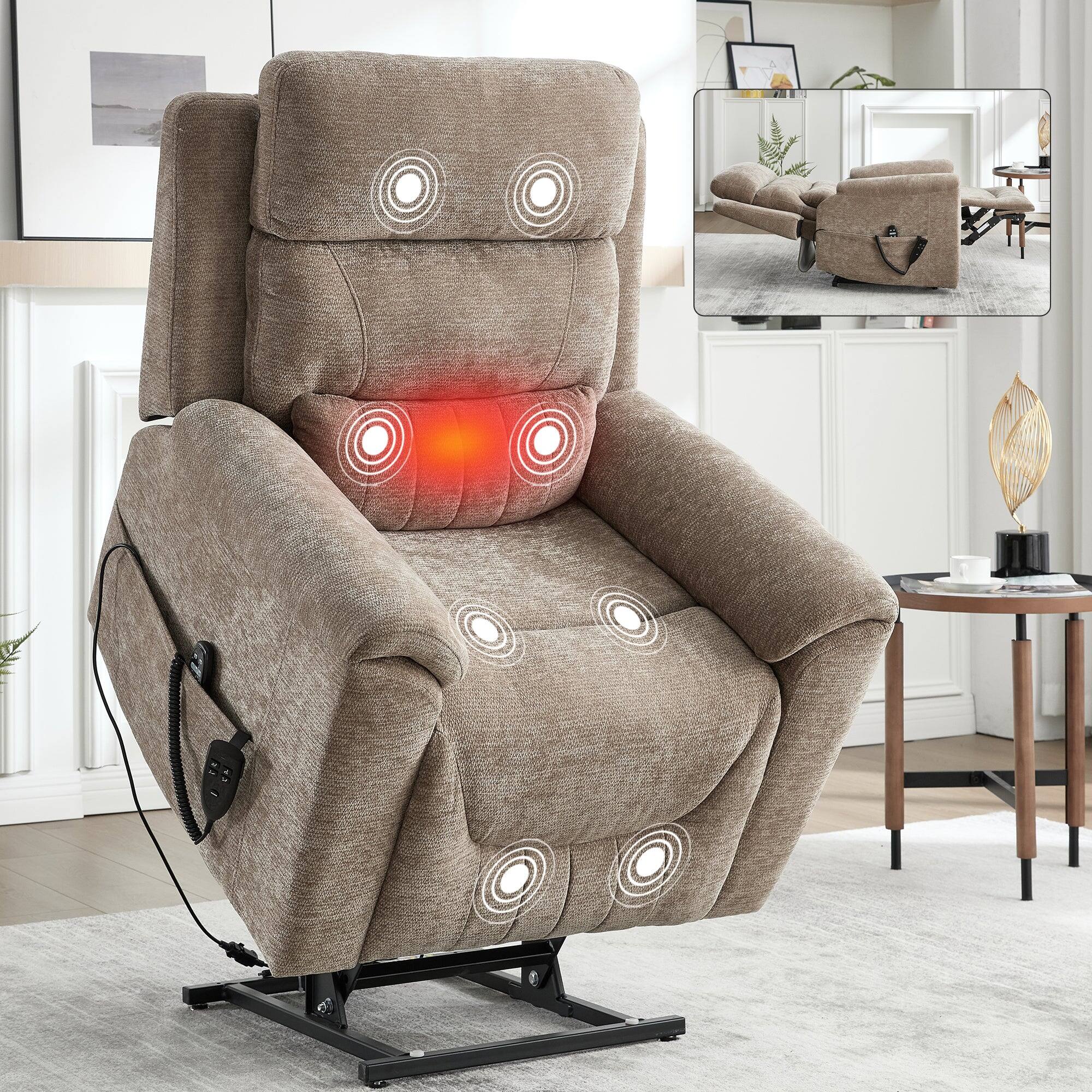 Alt View 1. Boyel Living - Brown Khaki Chenille Dual Motor Power Lift Recliner Chair, Infinite Position, 350 LBS, 8-Point Massage & Lumbar Heat - Brown Khaki.