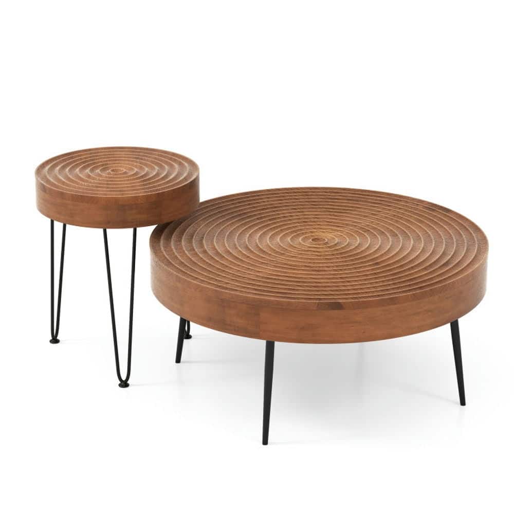 Pefilos - Set of 2 Solid Wood Ring Pattern Farmhouse Round Coffee Tables- Tea Table - Brown