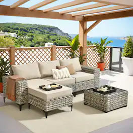 Ovios - 5 PCS Patio Furniture Set Outdoor Sectional Sofa Deep Seat Couch with Solar Coffee Table - Beige