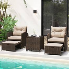 Gymax - Set of 5 Patio Rattan Furniture w/ 2 Wicker Ottomans & Tempered Glass Coffee Table - Brown