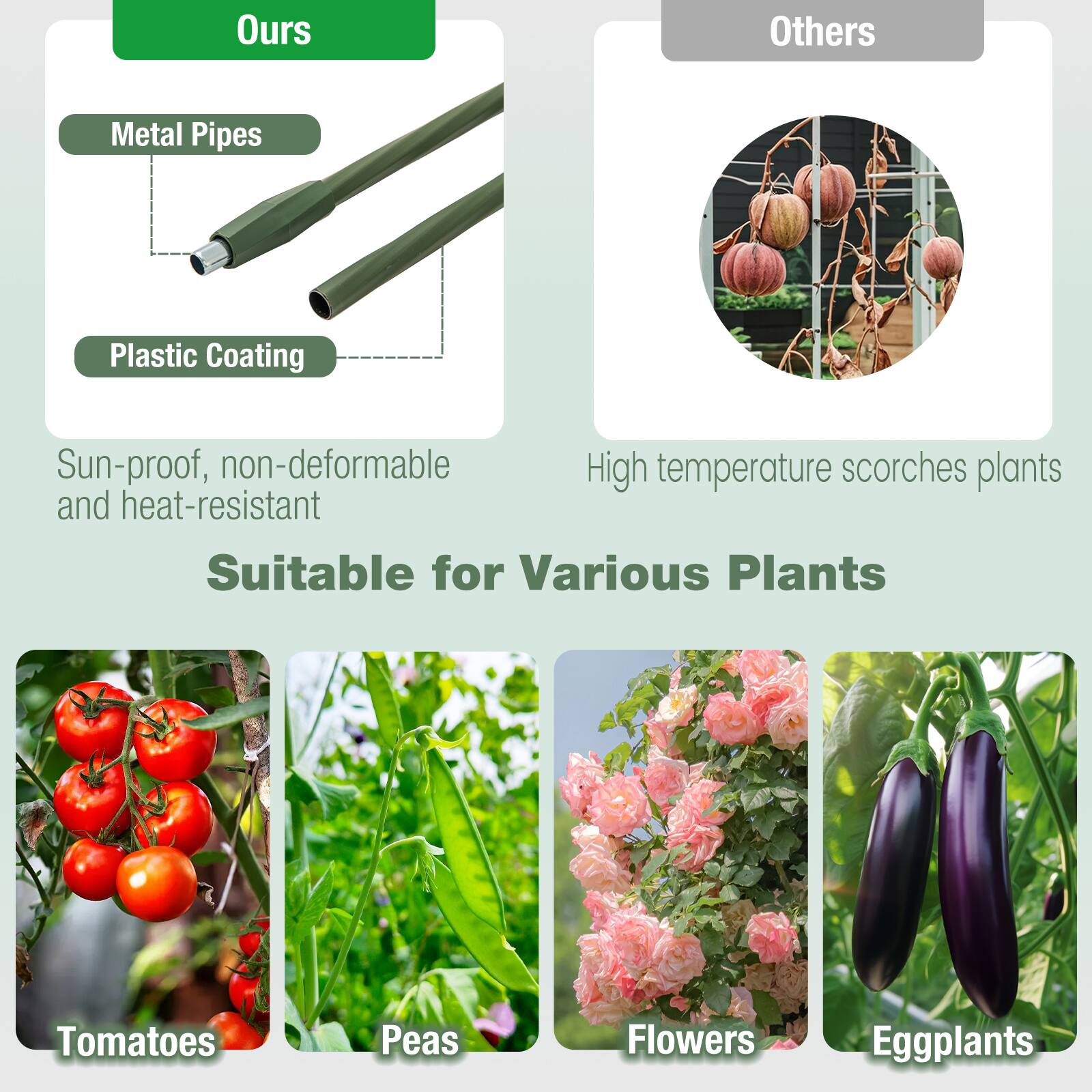 Ours  
Metal Pipes  
Plastic Coating  
Sun-proof, non-deformable and heat-resistant  

Others  
High temperature scorches plants  

Suitable for Various Plants  
Tomatoes  
Peas  
Flowers  
Eggplants