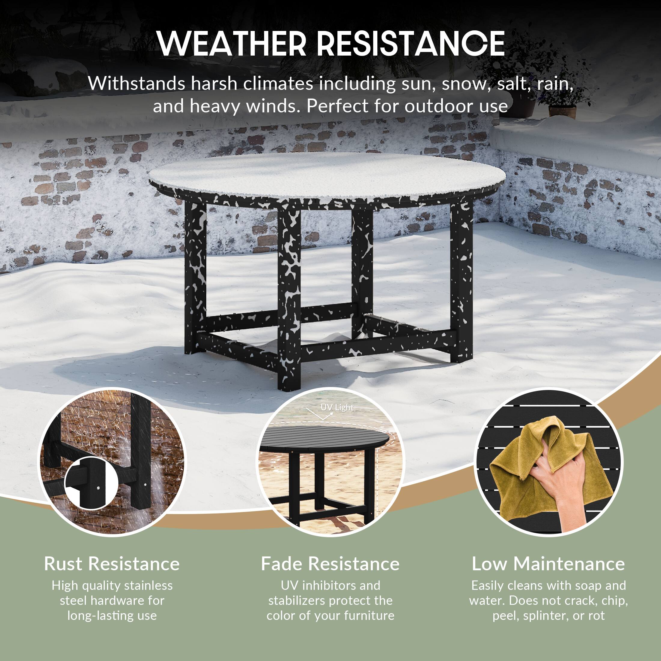 WEATHER RESISTANCE

Withstands harsh climates including sun, snow, salt, rain, and heavy winds. Perfect for outdoor use

Rust Resistance
High quality stainless steel hardware for long-lasting use

Fade Resistance
UV inhibitors and stabilizers protect the color of your furniture

Low Maintenance
Easily cleans with soap and water. Does not crack, chip, peel, splinter, or rot