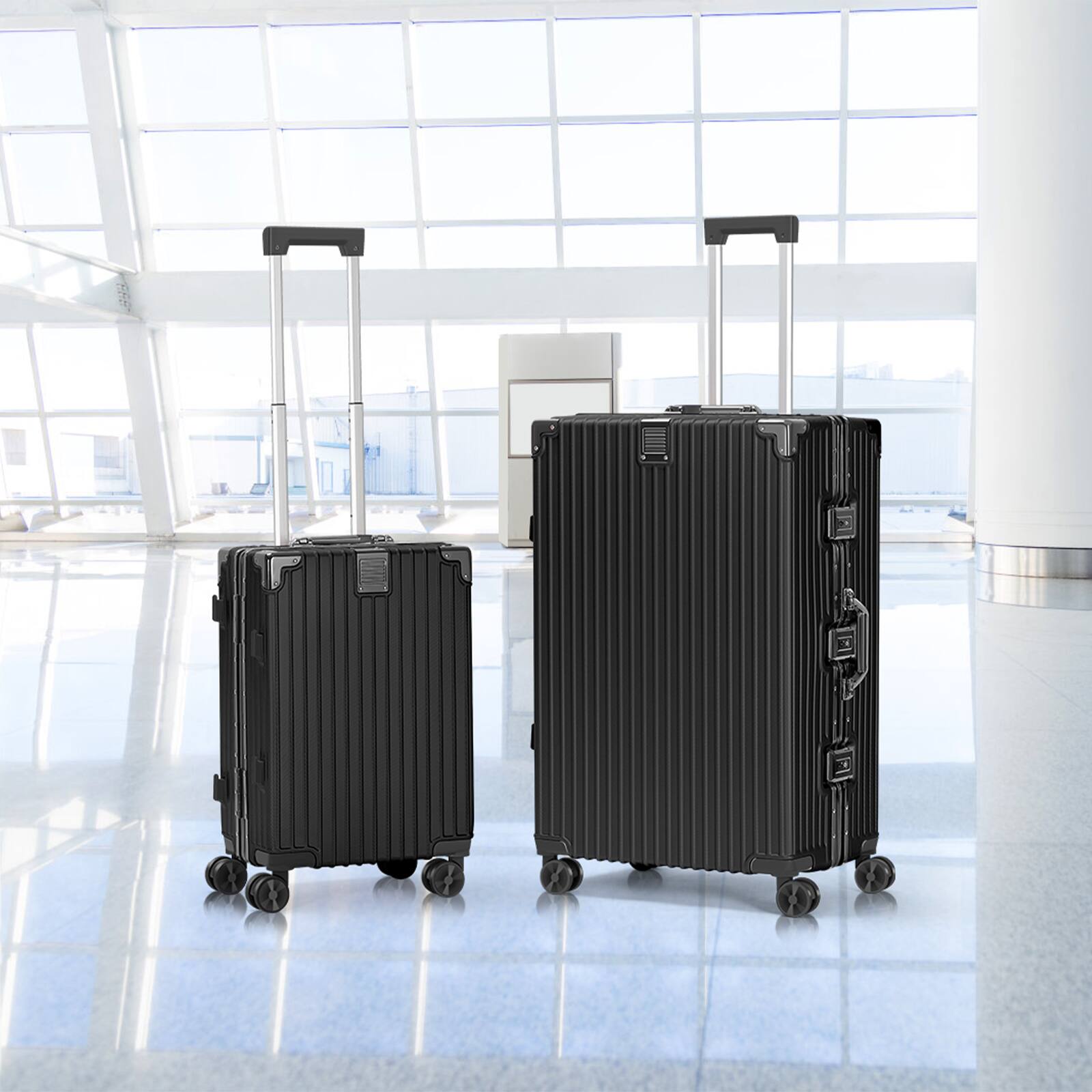 Alt View 1. Oumilen - 2 Piece Black Aluminum Frame Luggage Set – 20" Carry On + 28" Checked, Spinner Wheels with TSA Lock - Black.