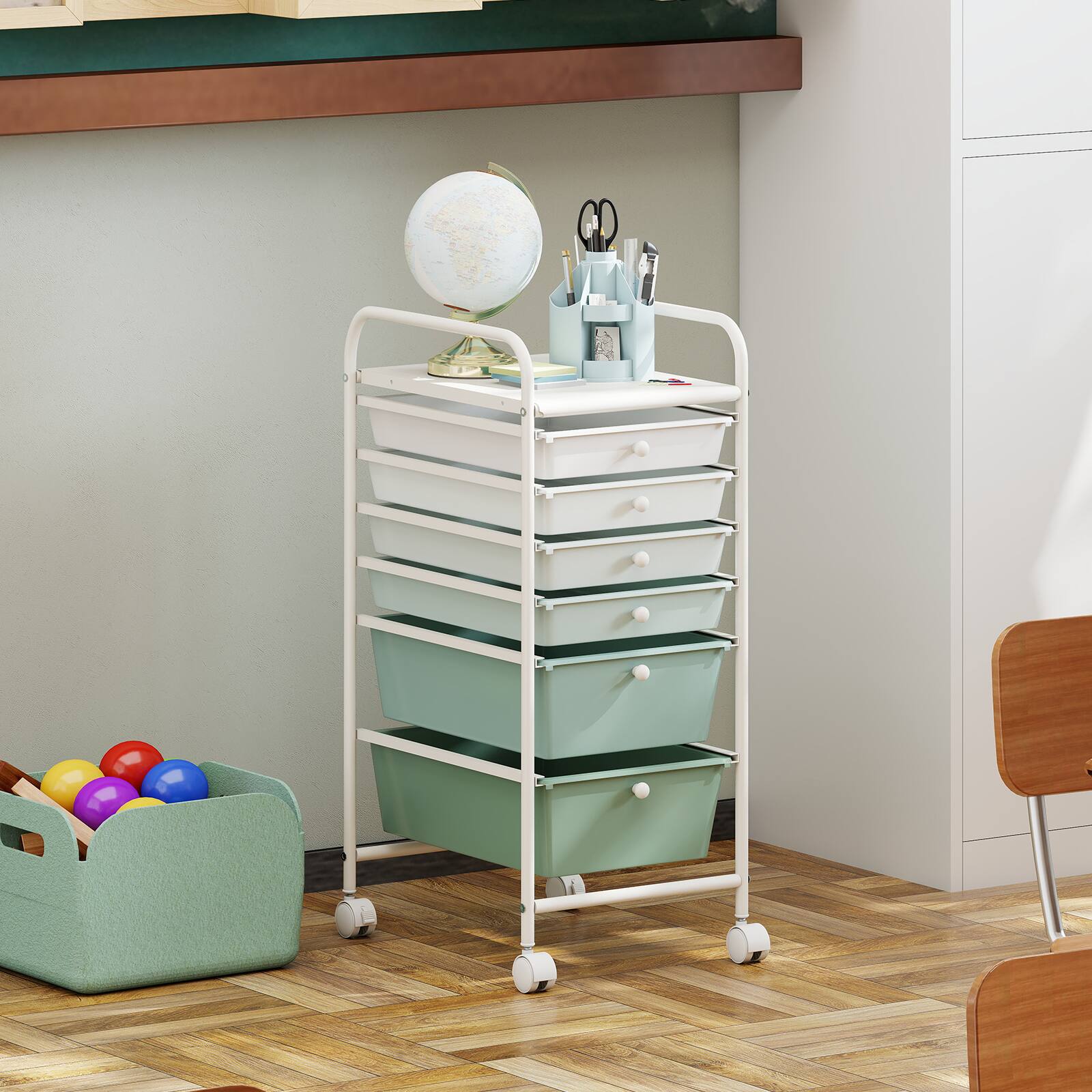 Alt View 3. Costway - Costway 6-Drawer Rolling Art & Craft Storage Cart with Removable Drawers & Metal Frame, Lockable Wheels - Gradient Green.