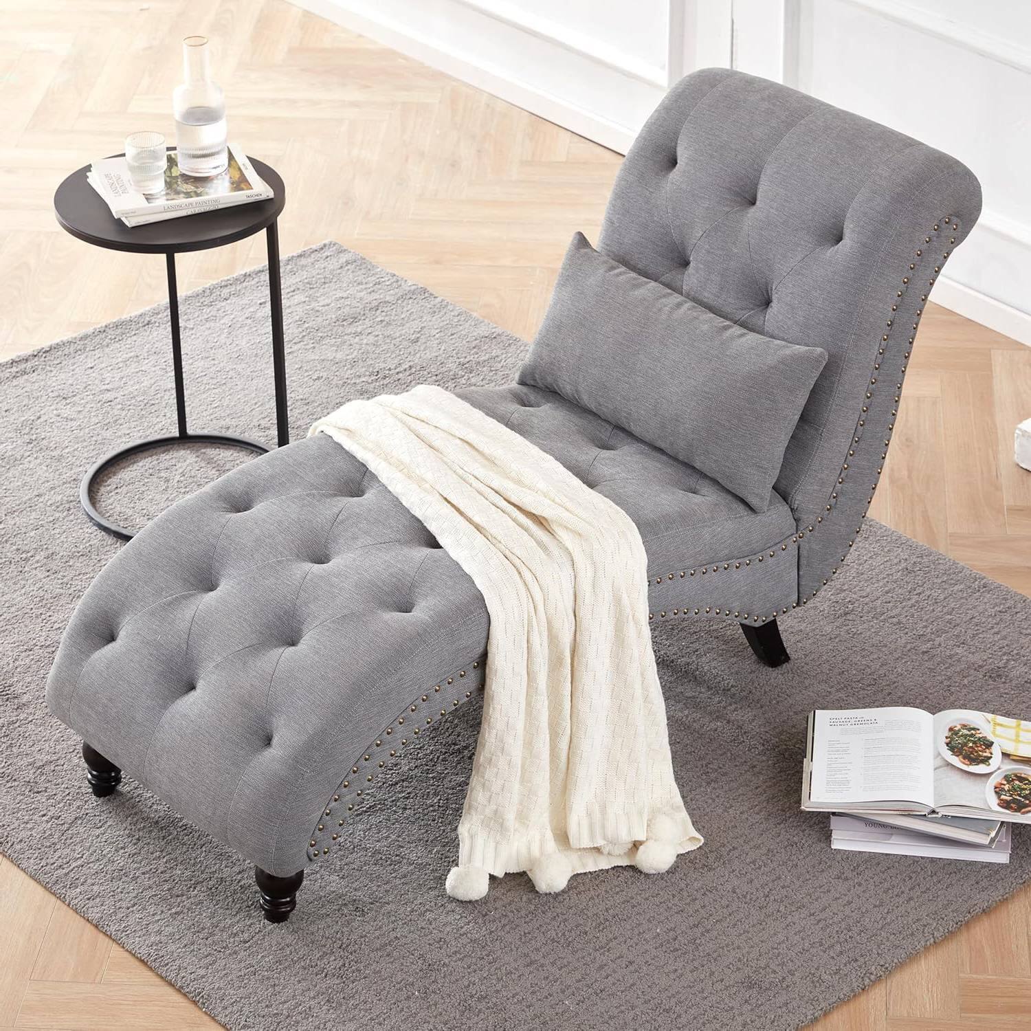 Angle. Hivvago - Linen Upholstered Armless Chaise Lounge Chair with Pillow - Grey.
