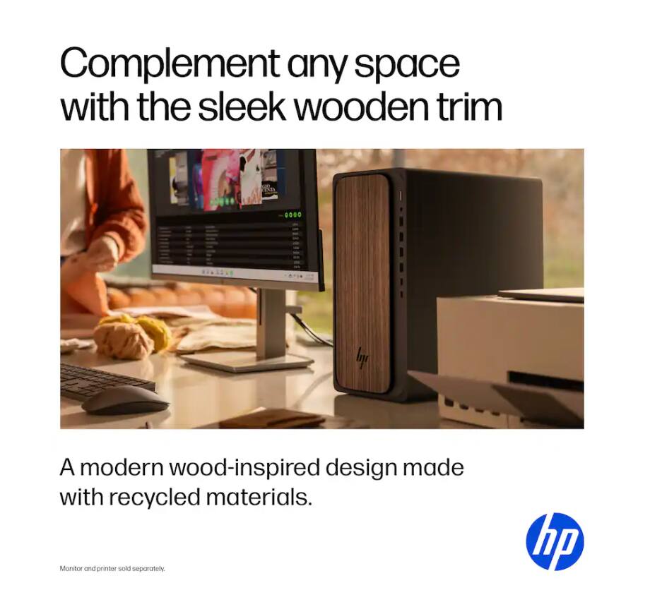 Complement any space with the sleek wooden trim

A modern wood-inspired design made with recycled materials.

Monitor and printer sold separately.