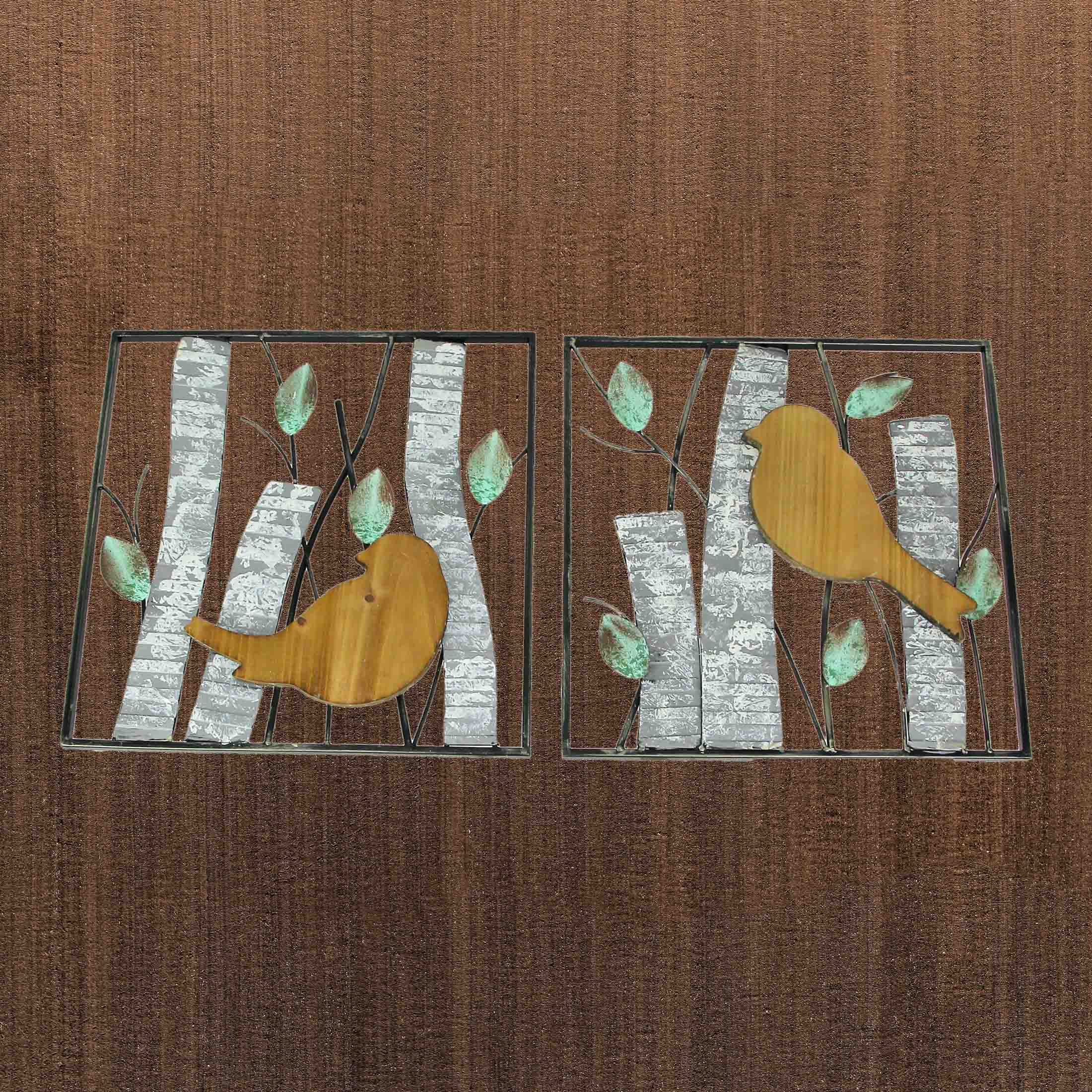 Alt View 4. Zeckos - Set / 2 Rustic Green Wood & Metal Leaf Birds & Branches Wall Sculpture Art Decor - Multicolored.