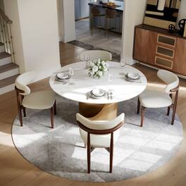 POVISON - 47" White Round Glossy Sintered Stone Dining Table with Bronze U-shaped Steel Base - White Glossy Sintered Stone with Bronze Steel Base