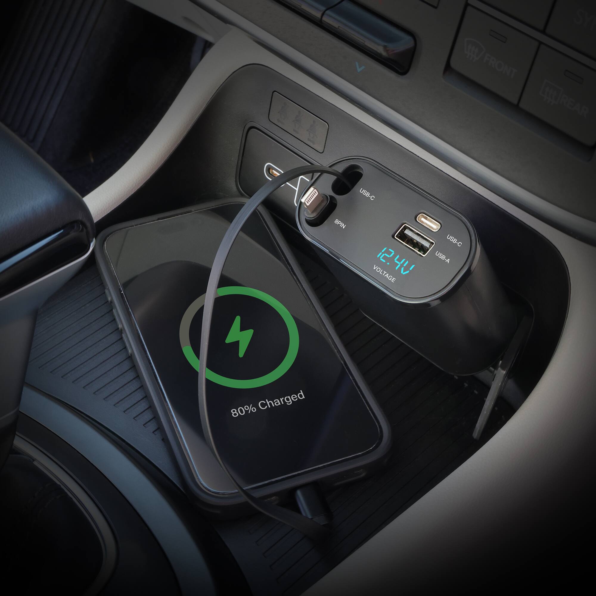 FRONT SY tt REAR WIWIY BPIN USB-C VOLTAGE 12.4V USB-C USB-A 80% Charged