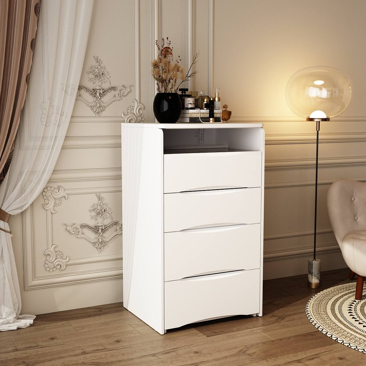 Back. Famapy - 3-in-1 Flip-Top Vanity Desk: Space-Saving LED Makeup Station, Nightstand & Desk with Storage Stool - White.