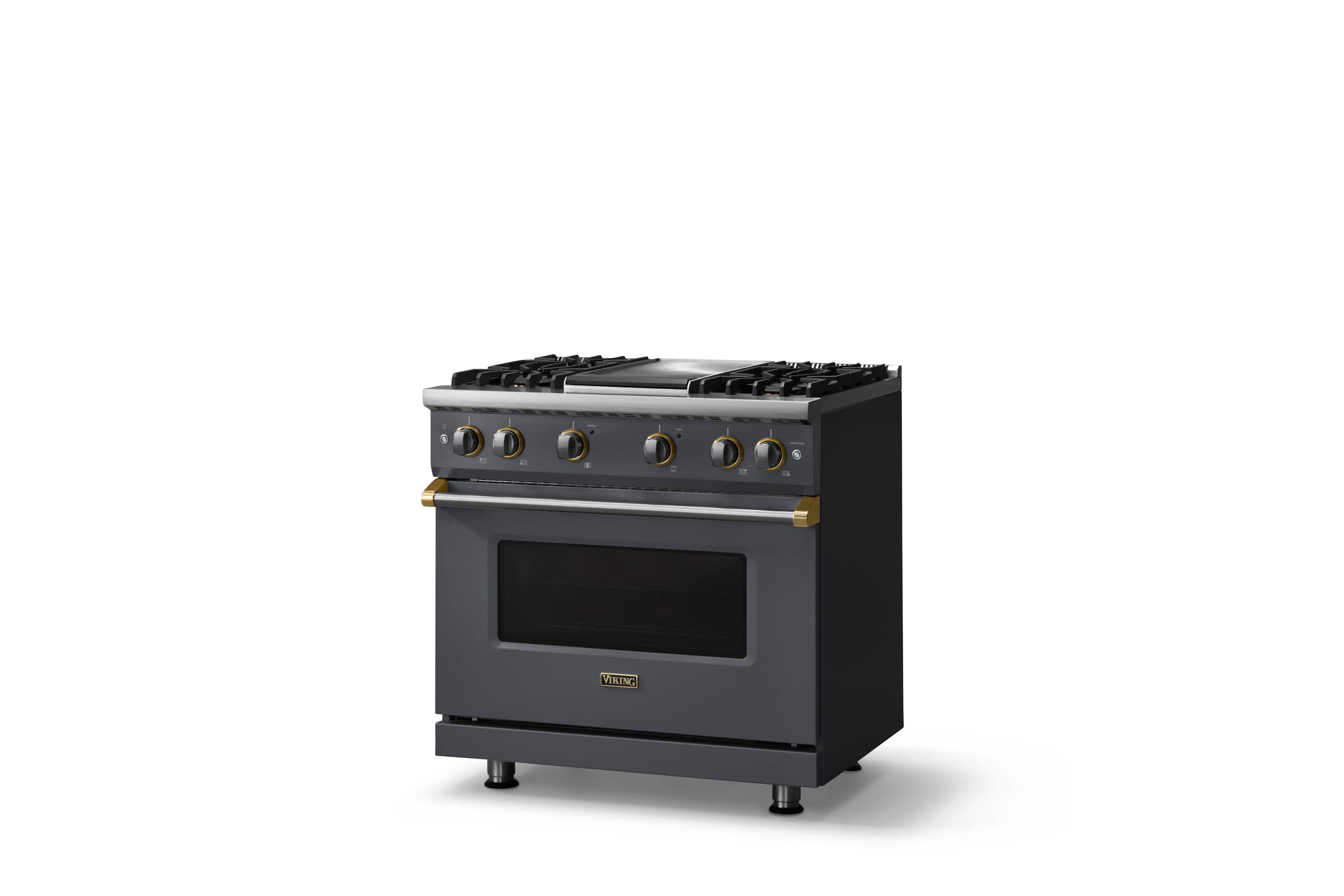 Angle. Viking - Pro 5 Series 5.1 Cu. Ft. Freestanding Sealed 4 Burner Gas Convection Range w. Griddle - Cast Black w. Brushed Brass - Cast Black.