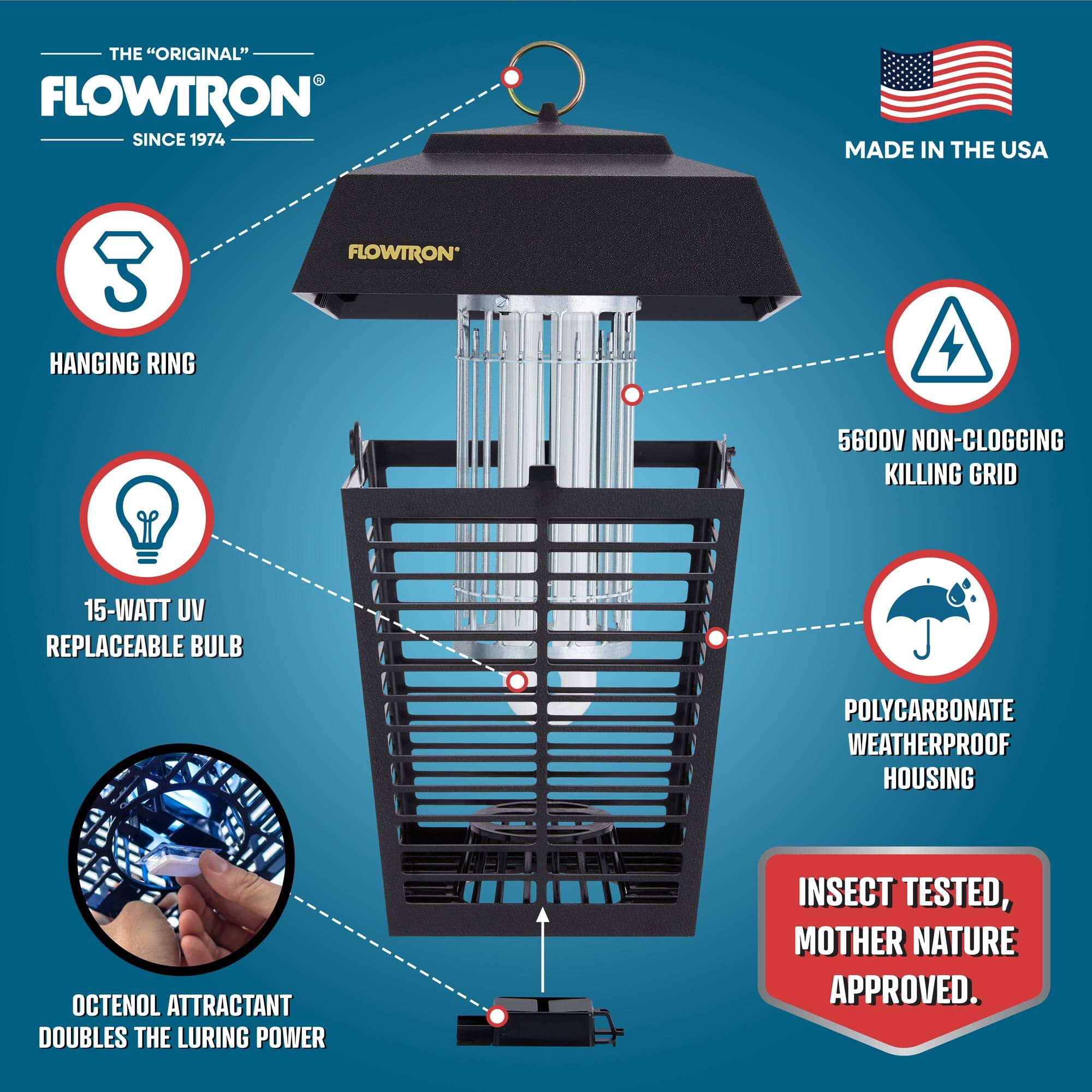 THE "ORIGINAL" FLOWTRON SINCE 1974
MADE IN THE USA
FLOWTRON' HANGING RING
5600V NON-CLOGGING KILLING GRID
15-WATT UV REPLACEABLE BULB
POLYCARBONATE WEATHERPROOF HOUSING
OCTENOL ATTRACTANT DOUBLES THE LURING POWER
INSECT TESTED, MOTHER NATURE APPROVED.