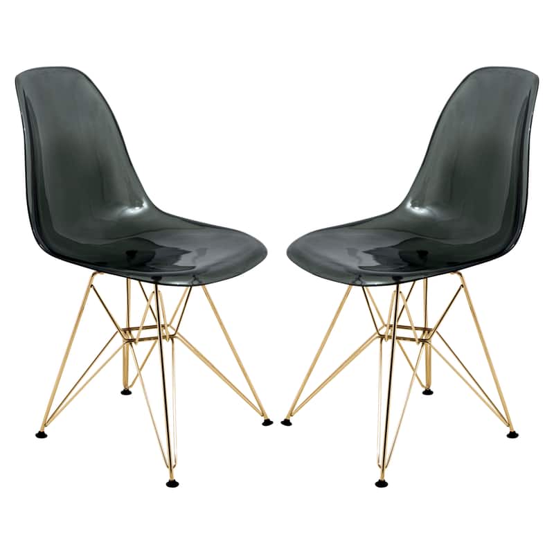 LeisureMod - Cresco 2-Pieces Acrylic Dining Chair with Curved Seat and Durable Gold Metal Legs - Transparent Black