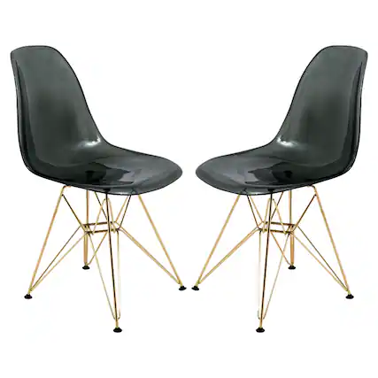 Front. LeisureMod - Cresco 2-Pieces Acrylic Dining Chair with Curved Seat and Durable Gold Metal Legs - Transparent Black.